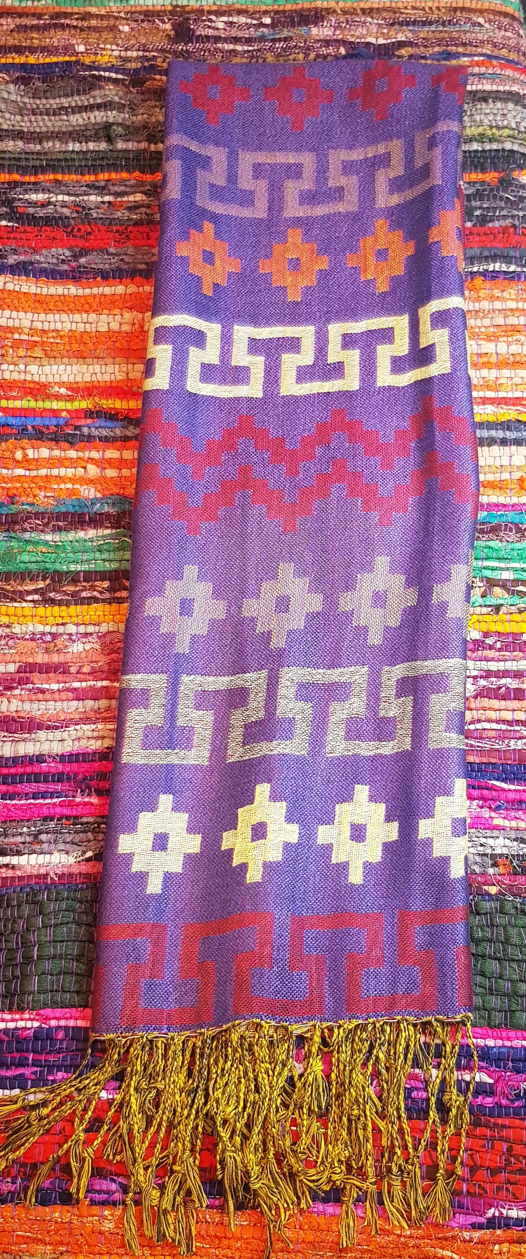 Scarf - Purple Geometric Motif - Handmade