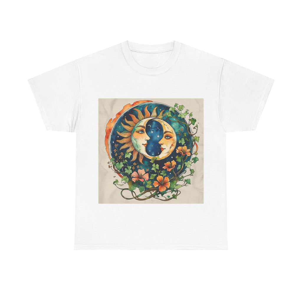 Bohemian Garden Tee - Sun and Moon Design, Spiritual Gift, Festival Wear, Unisex Cotton T-Shirt, Meditation Top, Nature Lover's Style