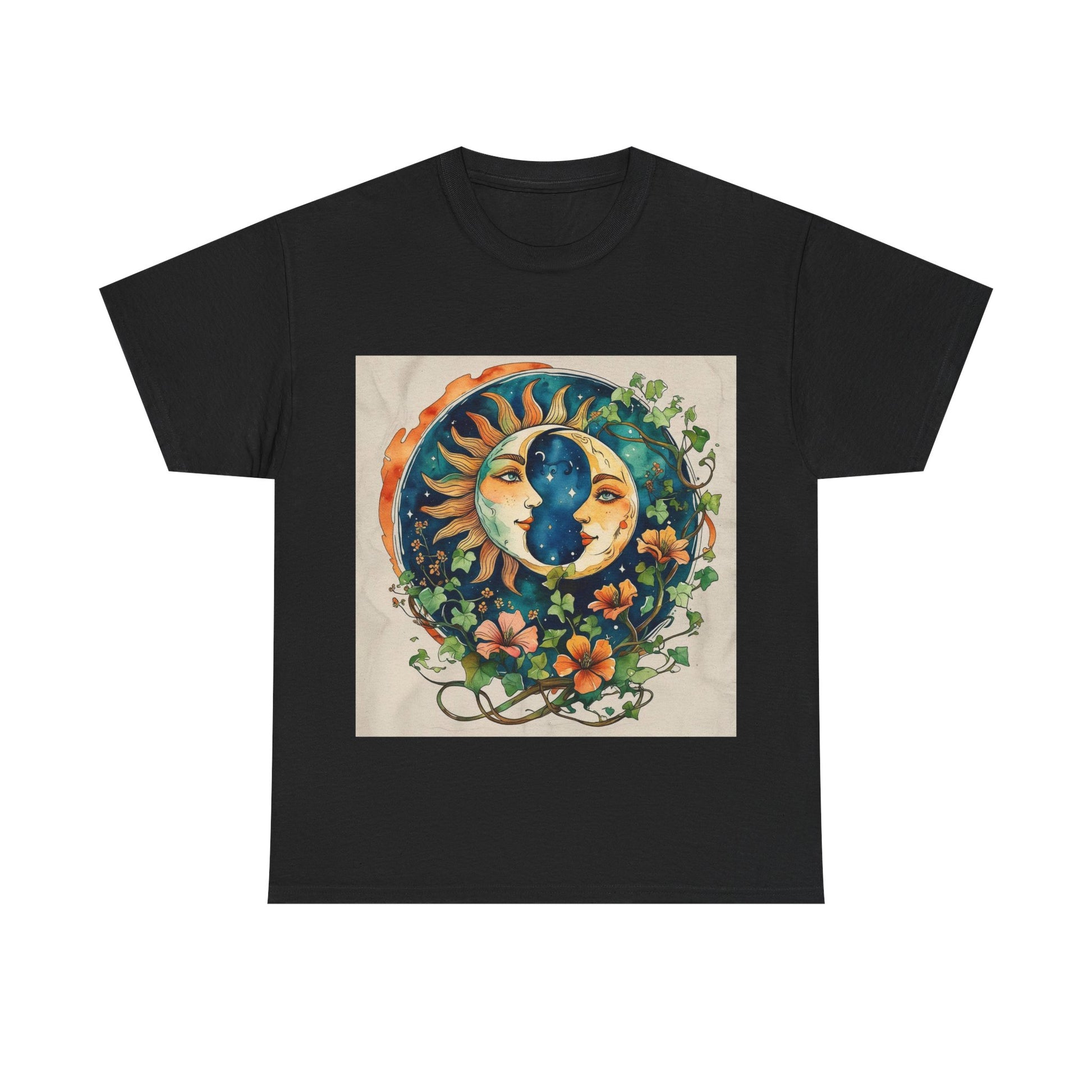 Bohemian Garden Tee - Sun and Moon Design, Spiritual Gift, Festival Wear, Unisex Cotton T-Shirt, Meditation Top, Nature Lover's Style