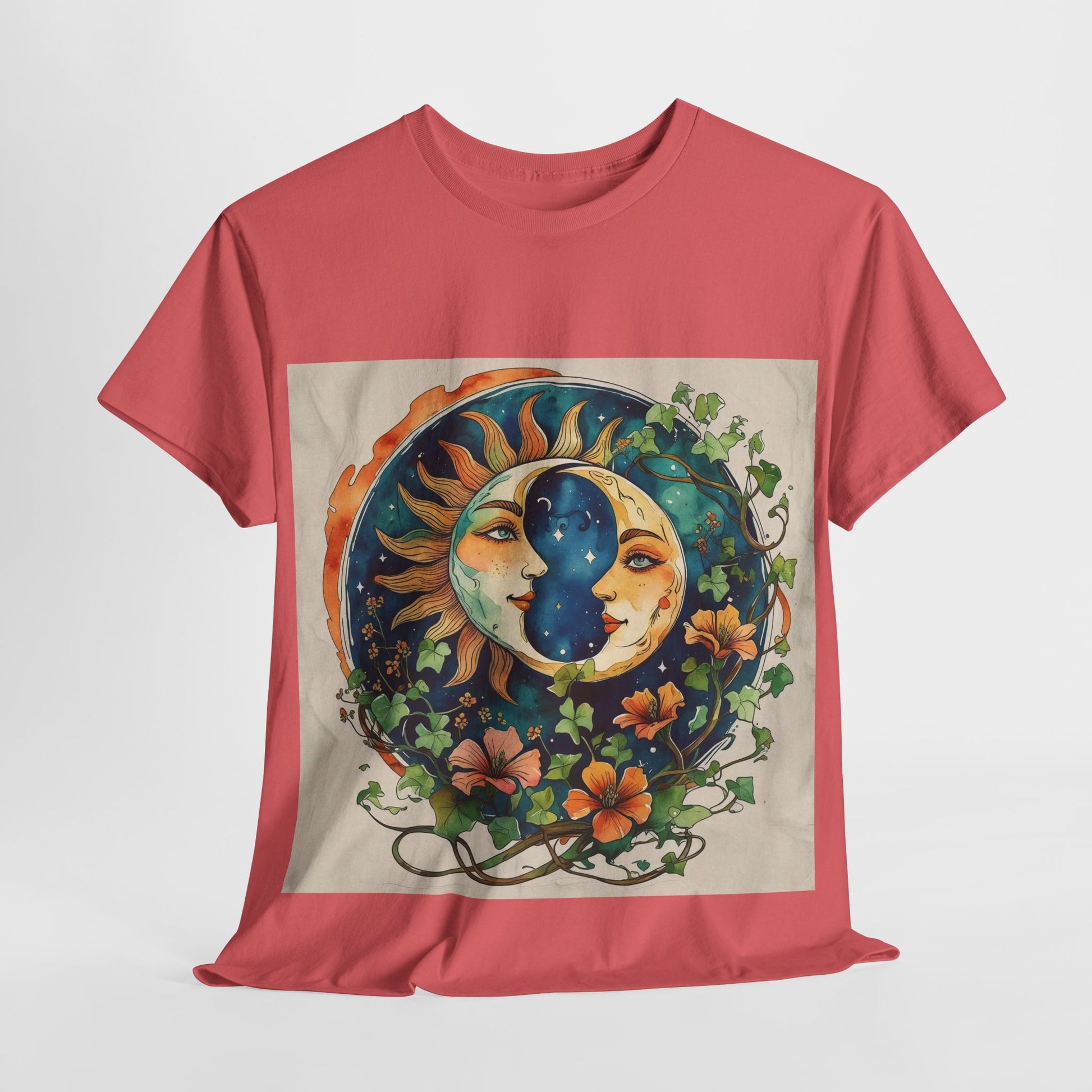 Bohemian Garden Tee - Sun and Moon Design, Spiritual Gift, Festival Wear, Unisex Cotton T-Shirt, Meditation Top, Nature Lover's Style