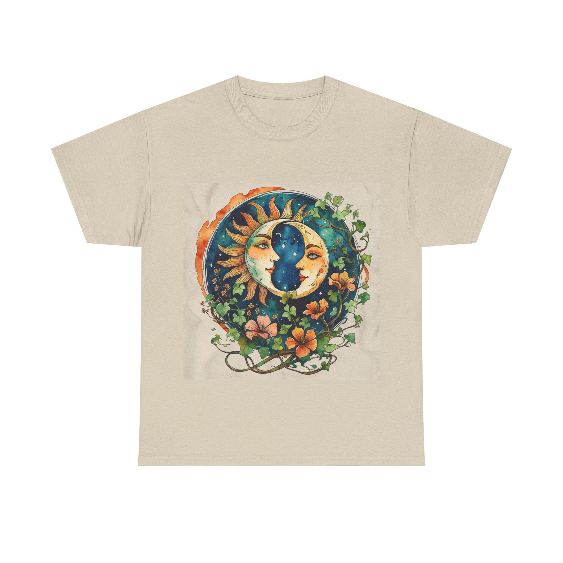 Bohemian Garden Tee - Sun and Moon Design, Spiritual Gift, Festival Wear, Unisex Cotton T-Shirt, Meditation Top, Nature Lover's Style