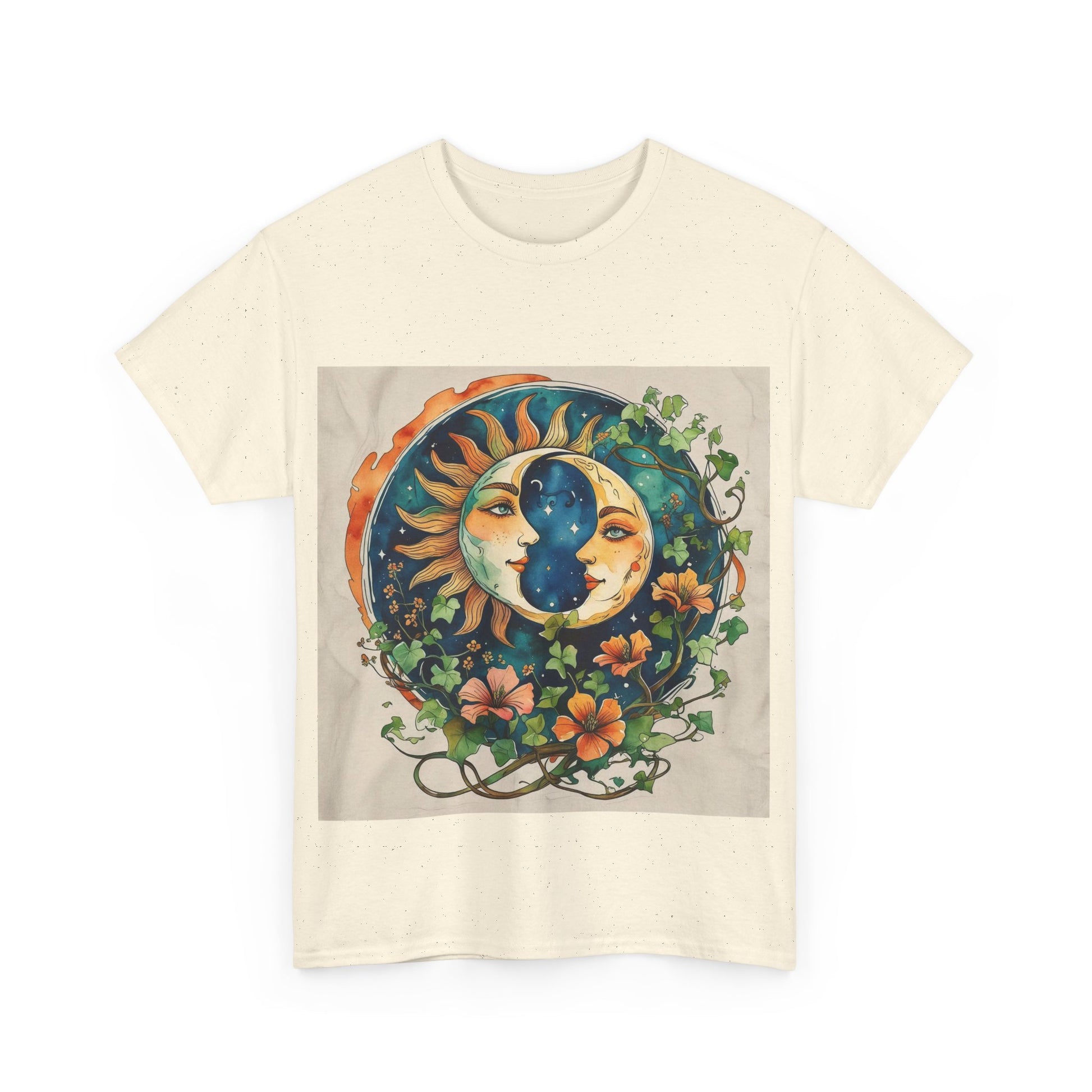 Bohemian Garden Tee - Sun and Moon Design, Spiritual Gift, Festival Wear, Unisex Cotton T-Shirt, Meditation Top, Nature Lover's Style