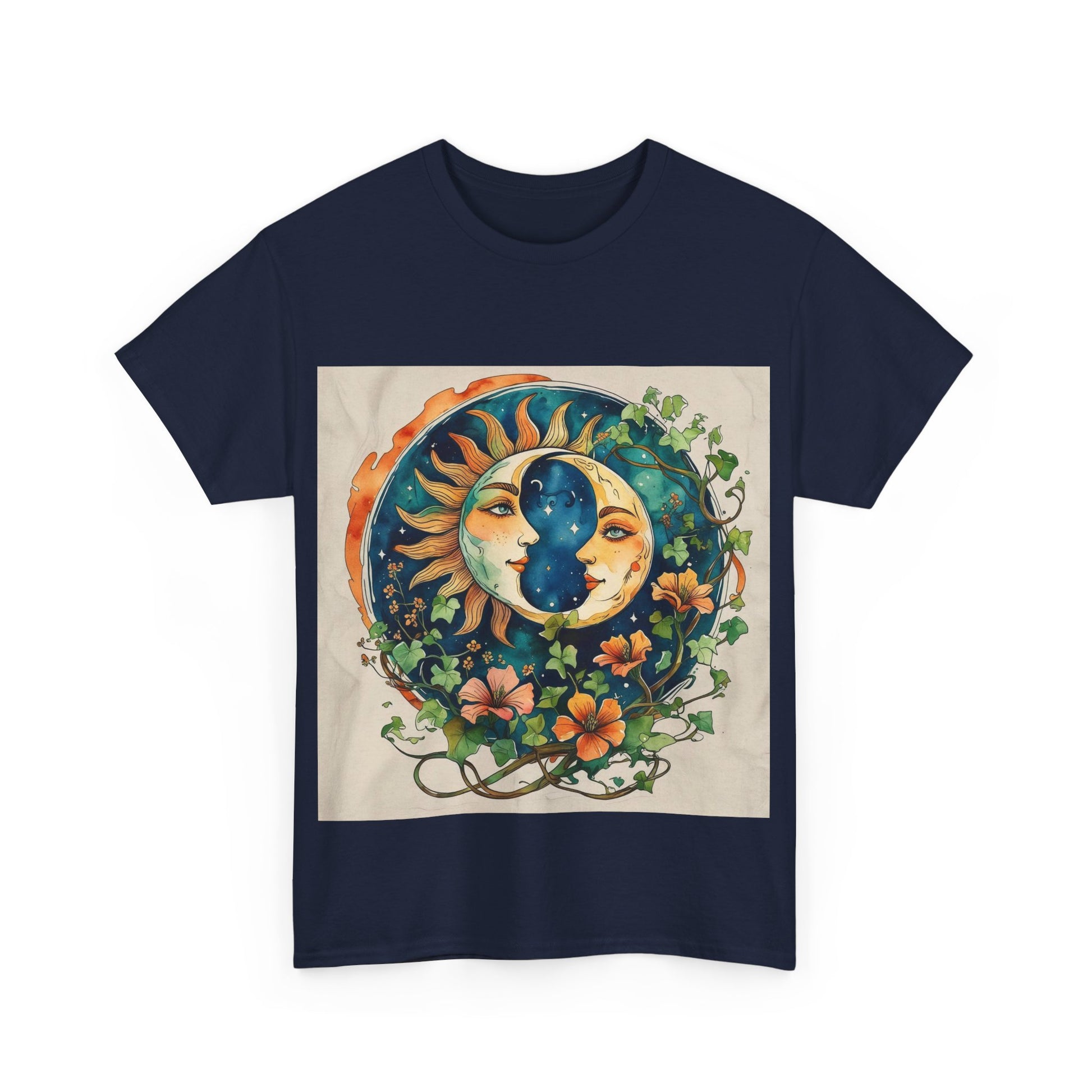 Bohemian Garden Tee - Sun and Moon Design, Spiritual Gift, Festival Wear, Unisex Cotton T-Shirt, Meditation Top, Nature Lover's Style