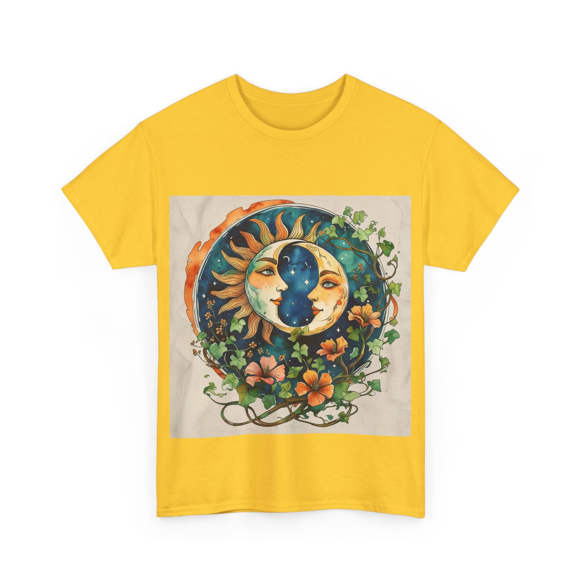 Bohemian Garden Tee - Sun and Moon Design, Spiritual Gift, Festival Wear, Unisex Cotton T-Shirt, Meditation Top, Nature Lover's Style