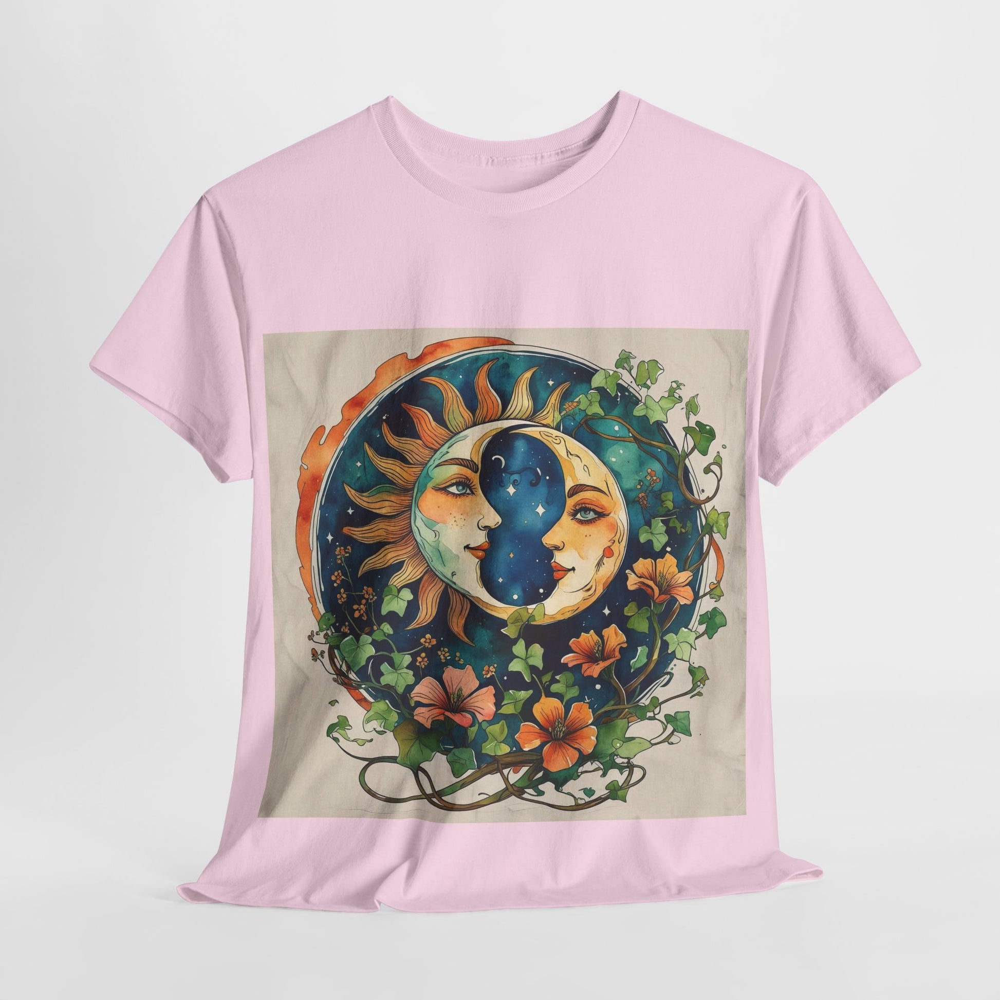 Bohemian Garden Tee - Sun and Moon Design, Spiritual Gift, Festival Wear, Unisex Cotton T-Shirt, Meditation Top, Nature Lover's Style