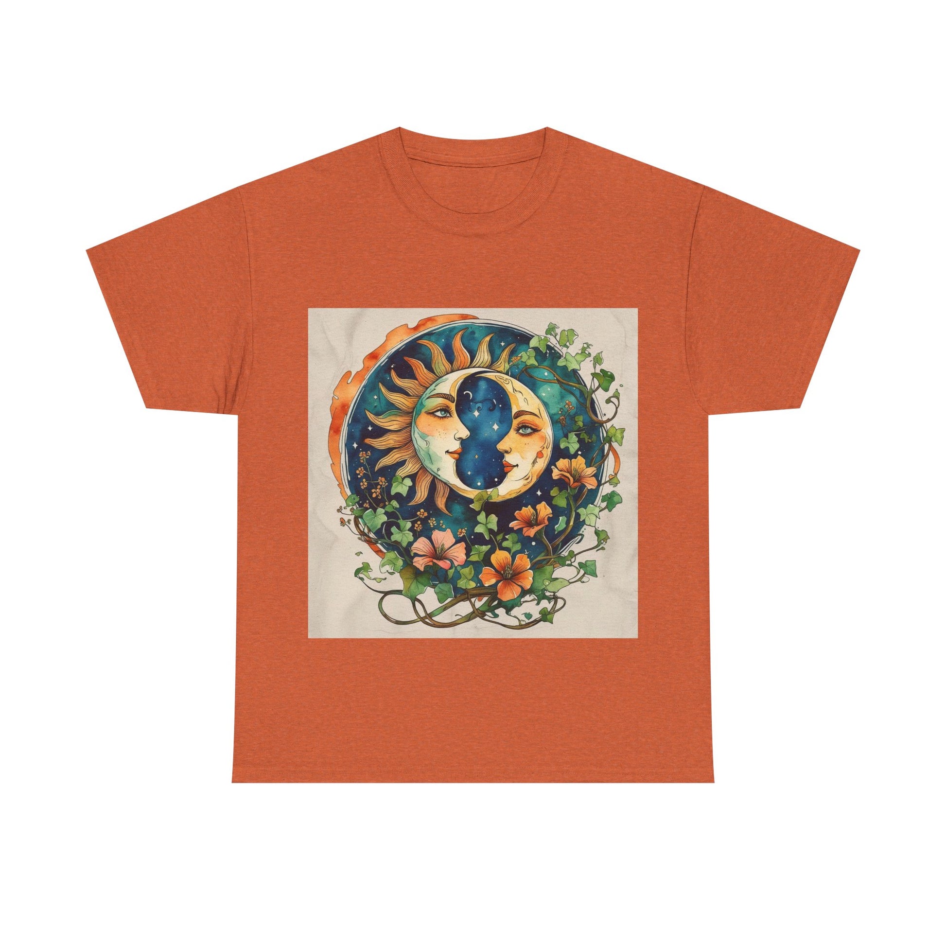 Bohemian Garden Tee - Sun and Moon Design, Spiritual Gift, Festival Wear, Unisex Cotton T-Shirt, Meditation Top, Nature Lover's Style
