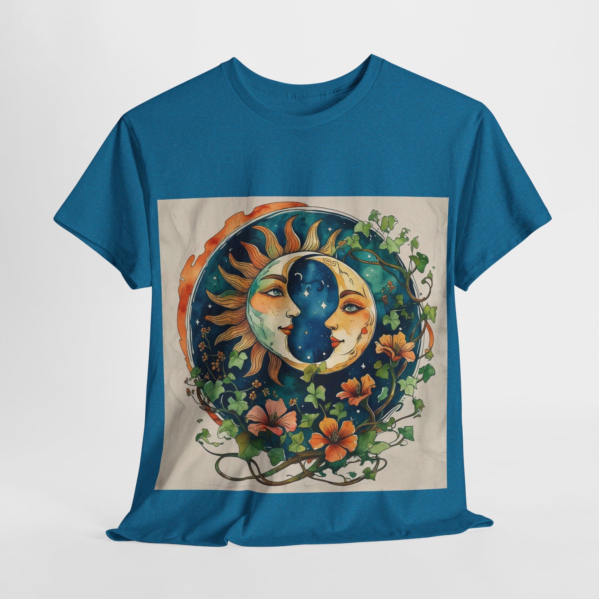 Bohemian Garden Tee - Sun and Moon Design, Spiritual Gift, Festival Wear, Unisex Cotton T-Shirt, Meditation Top, Nature Lover's Style