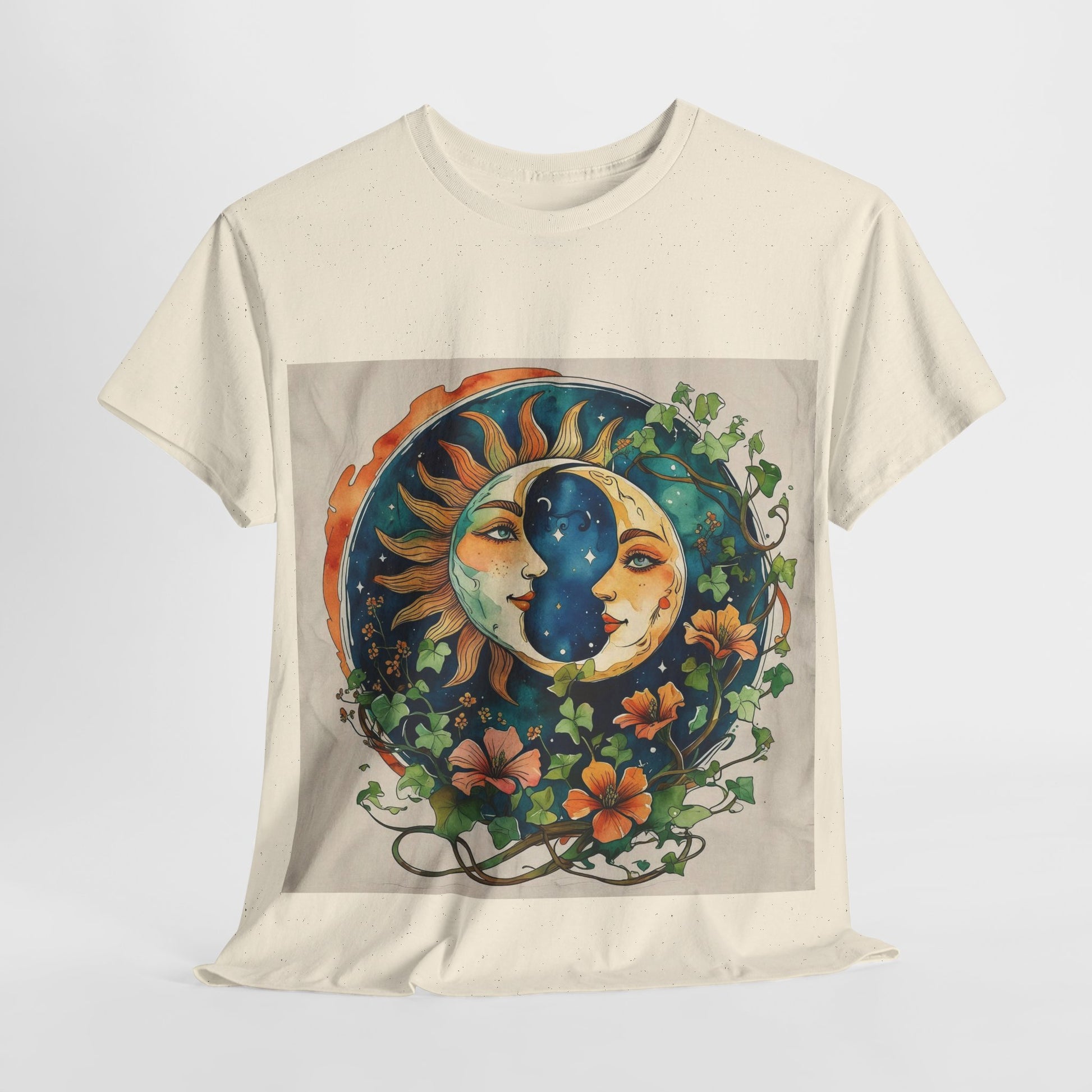 Bohemian Garden Tee - Sun and Moon Design, Spiritual Gift, Festival Wear, Unisex Cotton T-Shirt, Meditation Top, Nature Lover's Style