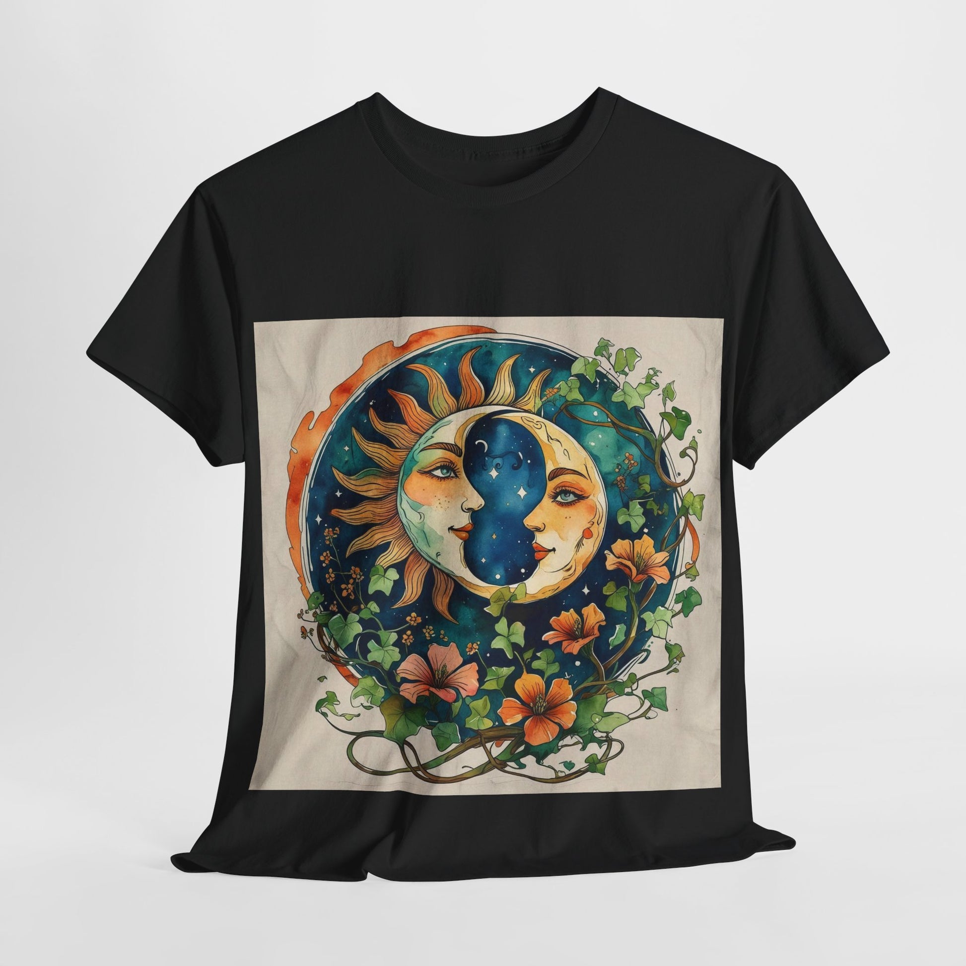 Bohemian Garden Tee - Sun and Moon Design, Spiritual Gift, Festival Wear, Unisex Cotton T-Shirt, Meditation Top, Nature Lover's Style
