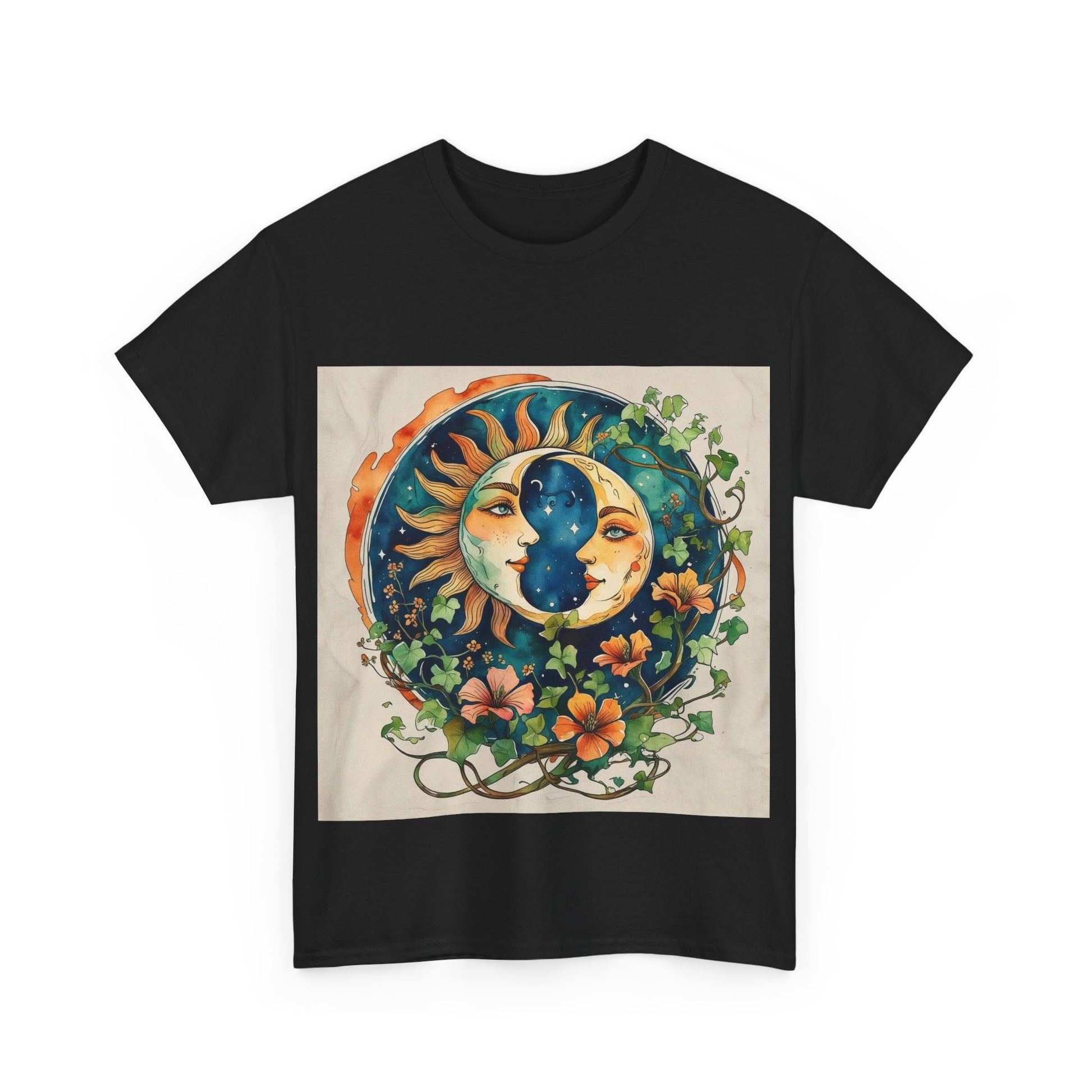 Bohemian Garden Tee - Sun and Moon Design, Spiritual Gift, Festival Wear, Unisex Cotton T-Shirt, Meditation Top, Nature Lover's Style