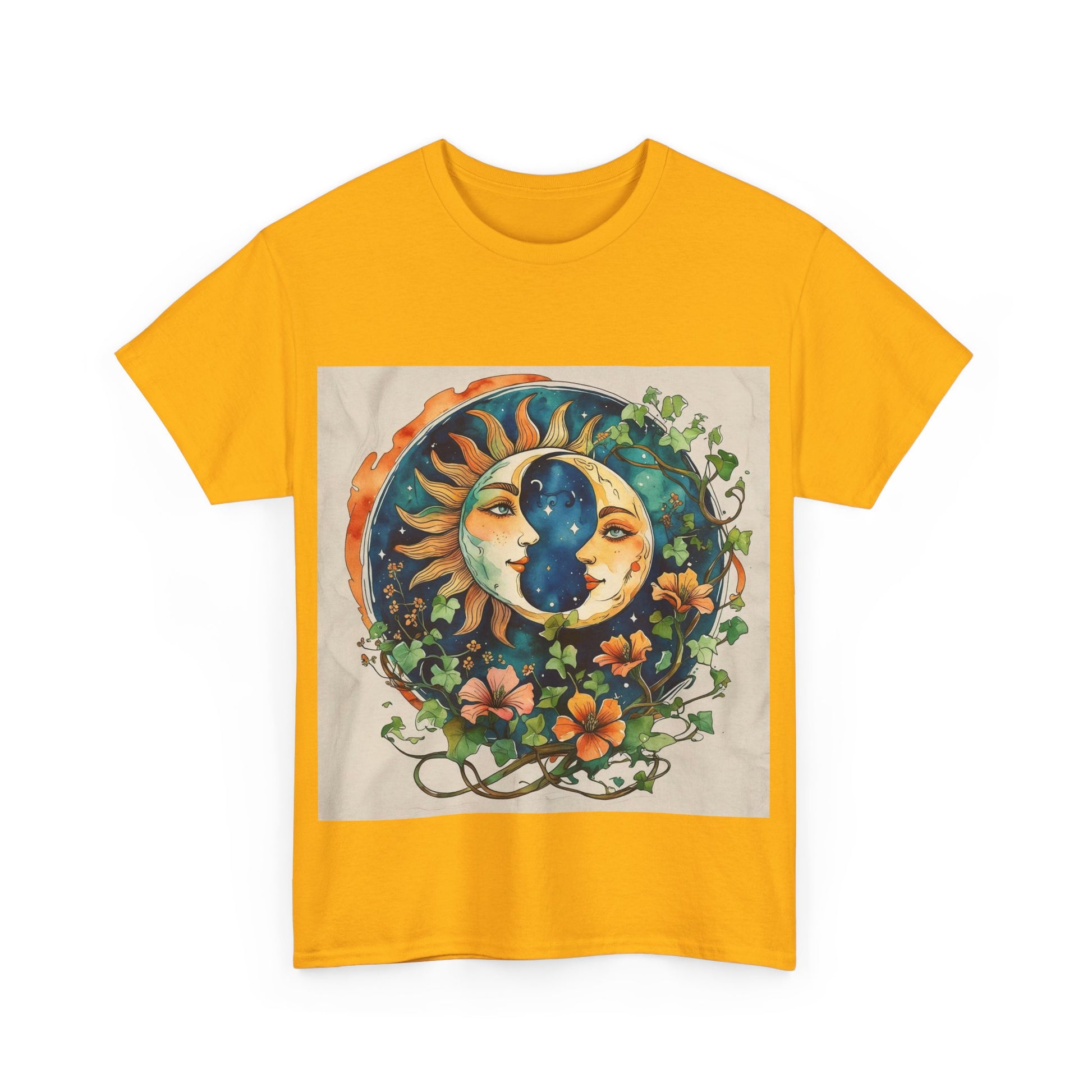 Bohemian Garden Tee - Sun and Moon Design, Spiritual Gift, Festival Wear, Unisex Cotton T-Shirt, Meditation Top, Nature Lover's Style