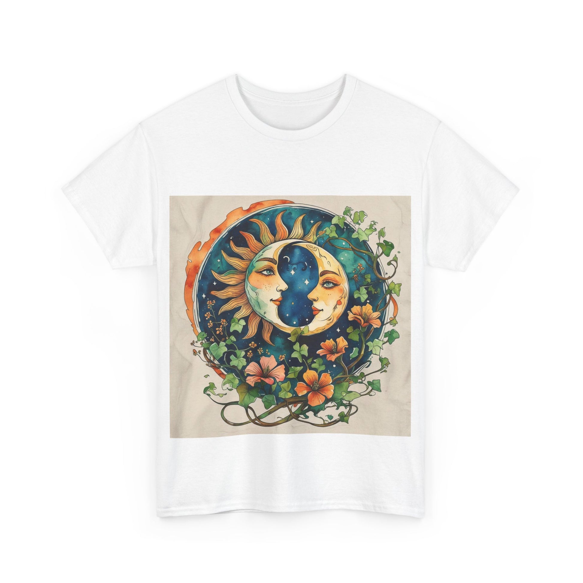 Bohemian Garden Tee - Sun and Moon Design, Spiritual Gift, Festival Wear, Unisex Cotton T-Shirt, Meditation Top, Nature Lover's Style