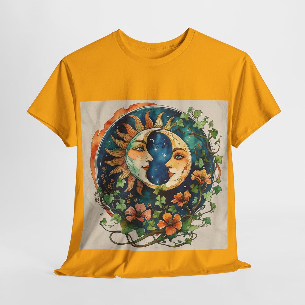 Bohemian Garden Tee - Sun and Moon Design, Spiritual Gift, Festival Wear, Unisex Cotton T-Shirt, Meditation Top, Nature Lover's Style