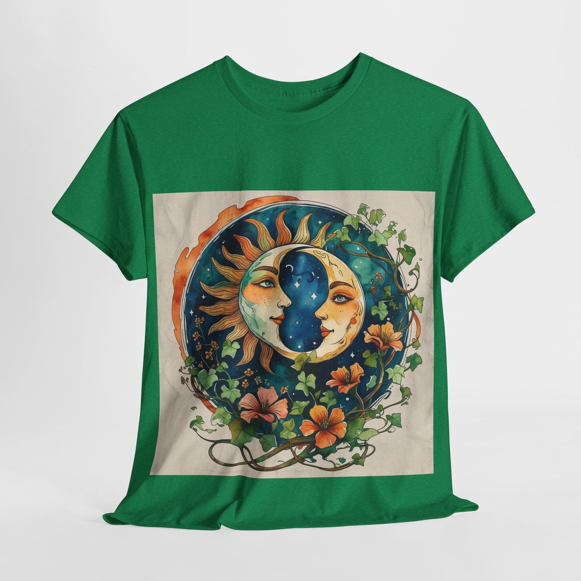 Bohemian Garden Tee - Sun and Moon Design, Spiritual Gift, Festival Wear, Unisex Cotton T-Shirt, Meditation Top, Nature Lover's Style