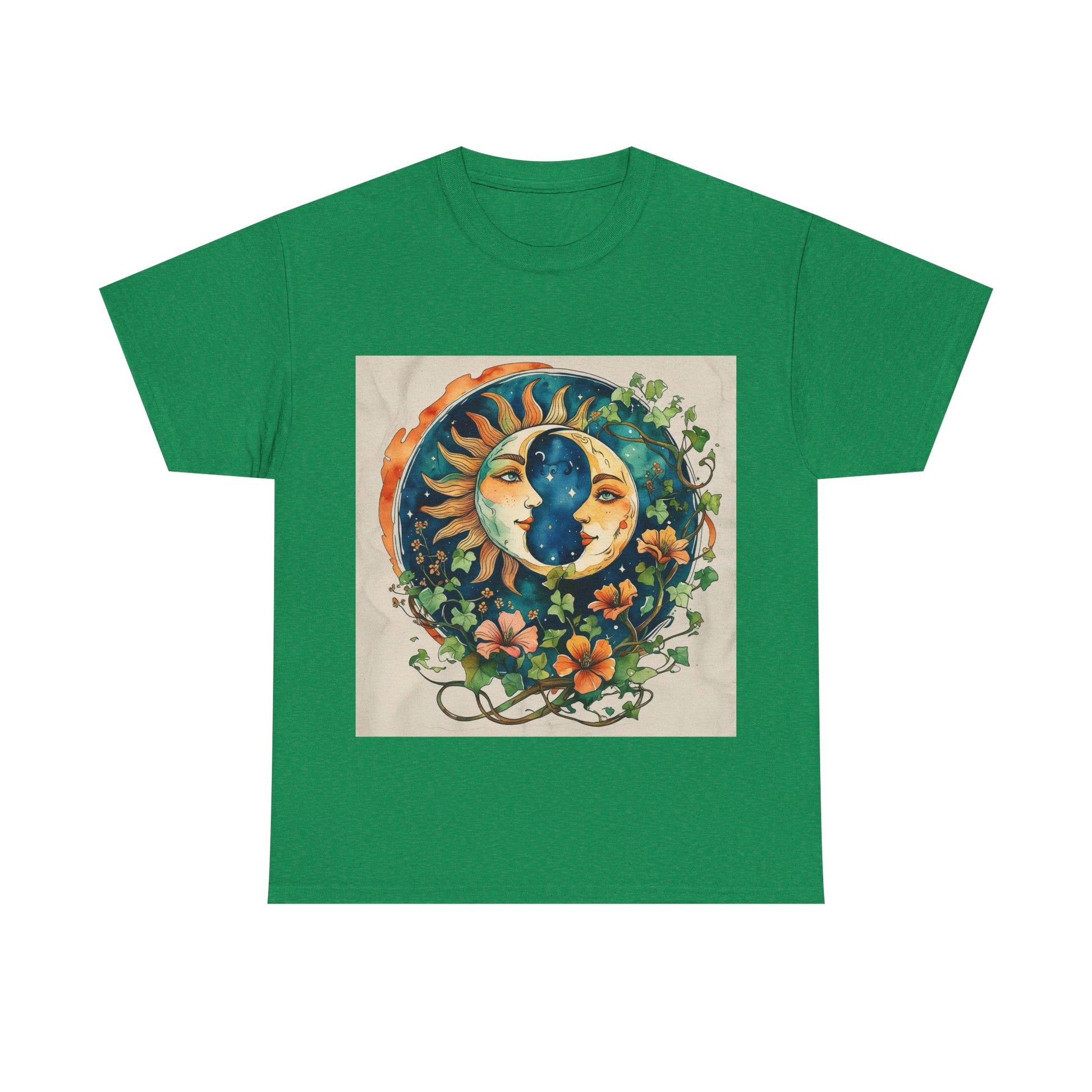 Bohemian Garden Tee - Sun and Moon Design, Spiritual Gift, Festival Wear, Unisex Cotton T-Shirt, Meditation Top, Nature Lover's Style