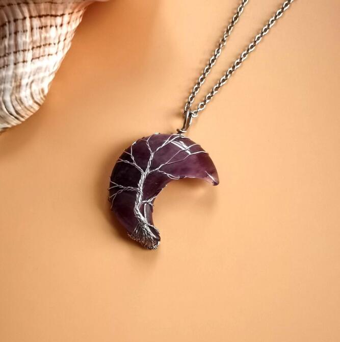 Winding Moon Natural Stone Wrapped Pendant
