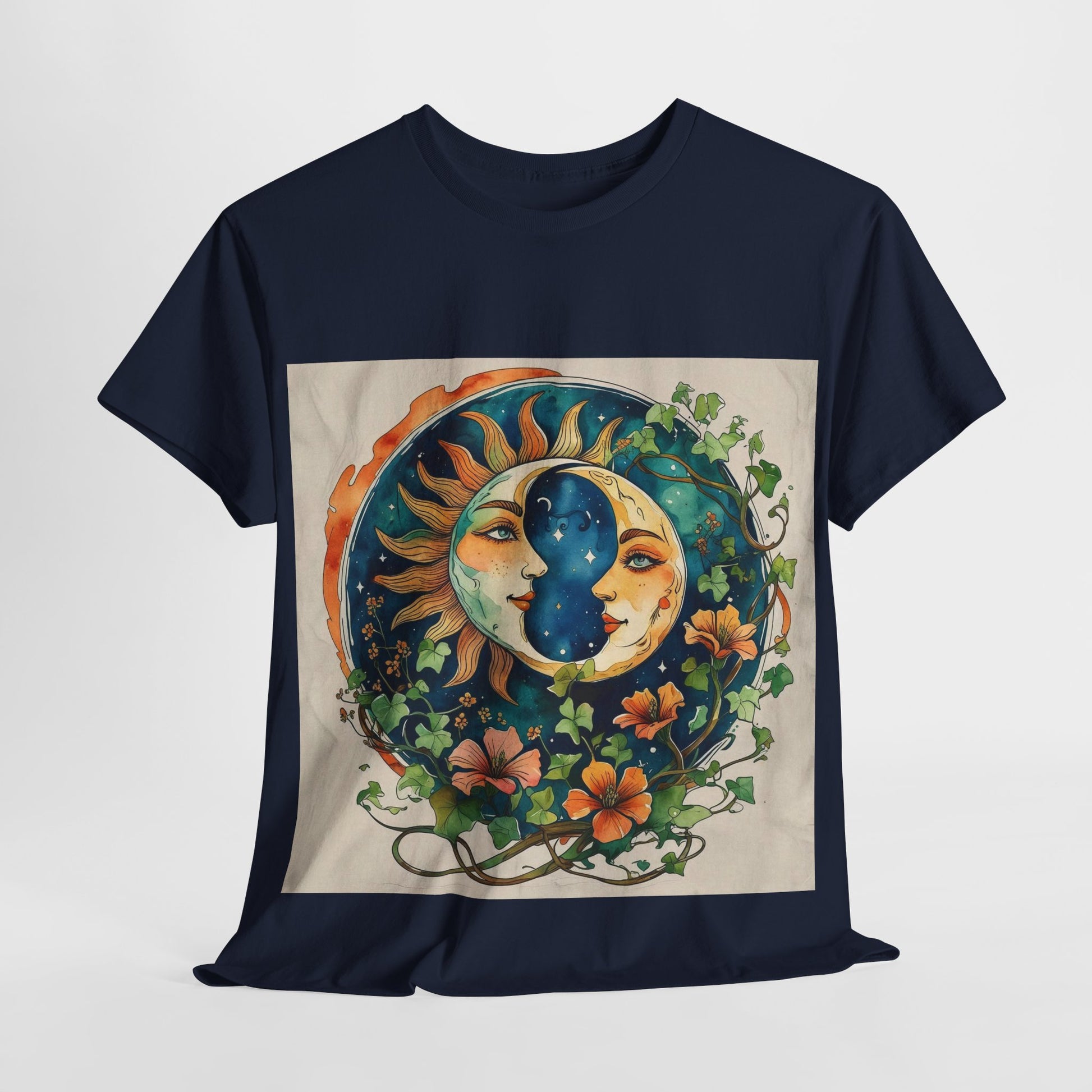 Bohemian Garden Tee - Sun and Moon Design, Spiritual Gift, Festival Wear, Unisex Cotton T-Shirt, Meditation Top, Nature Lover's Style