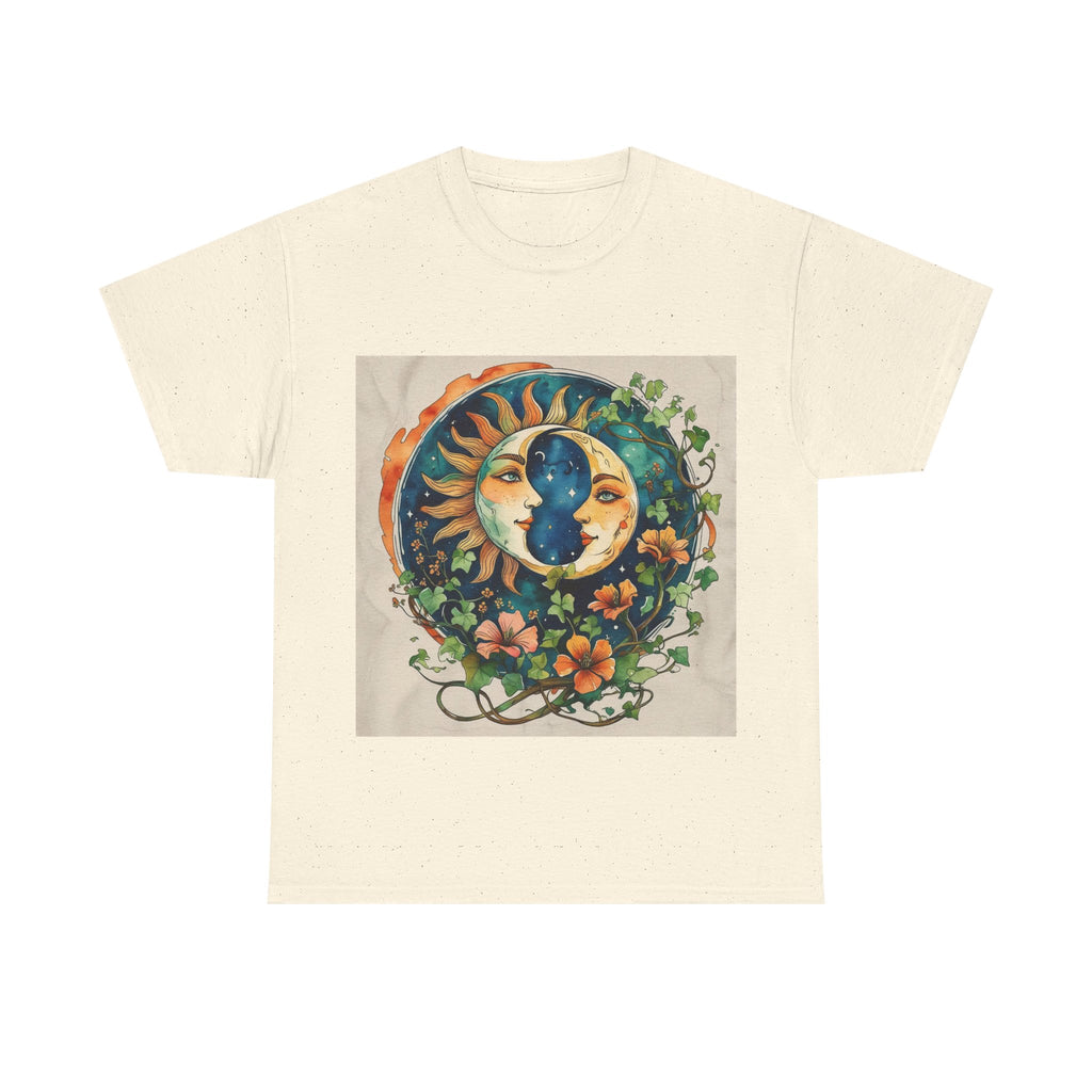 Bohemian Garden Tee - Sun and Moon Design, Spiritual Gift, Festival Wear, Unisex Cotton T-Shirt, Meditation Top, Nature Lover's Style