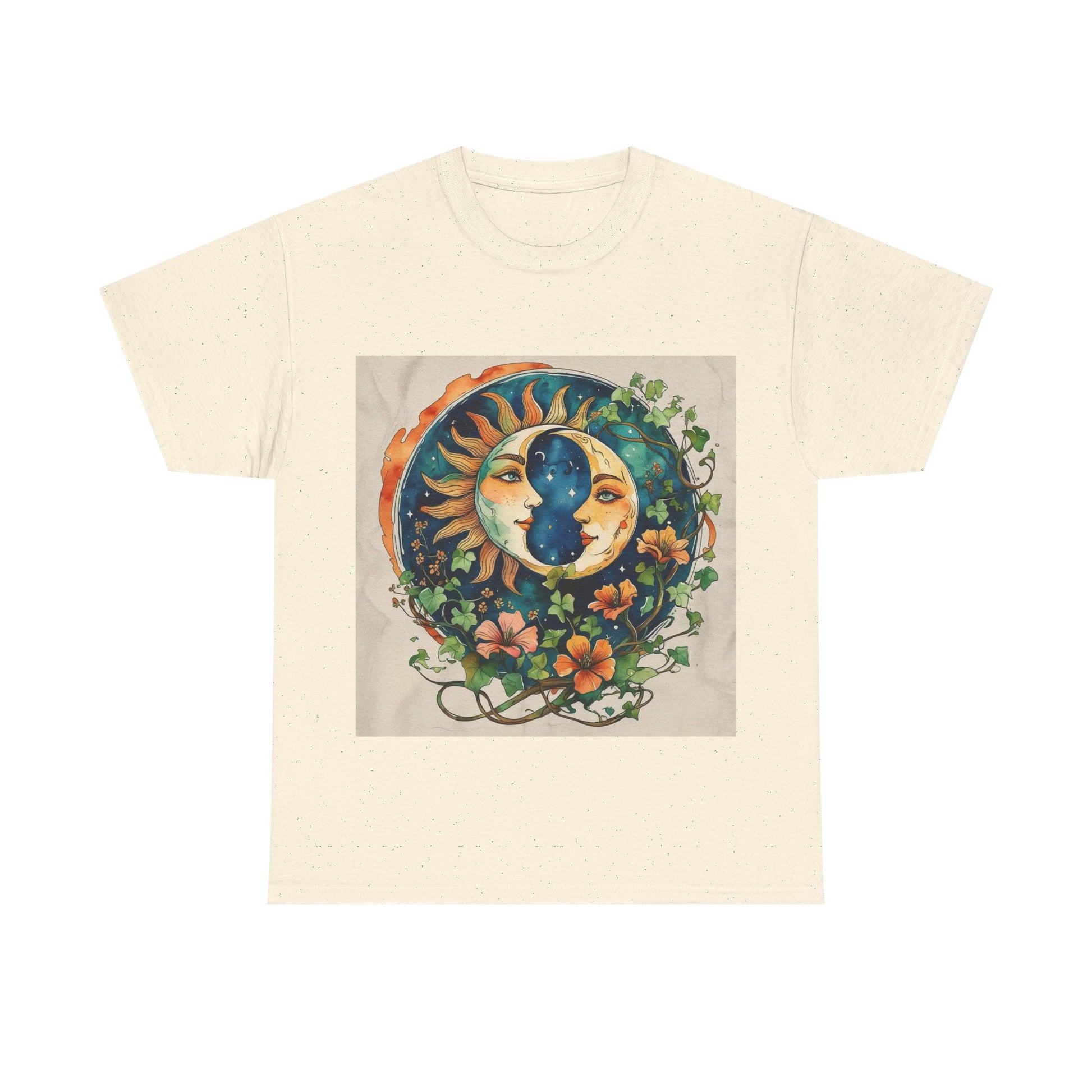 Bohemian Garden Tee - Sun and Moon Design, Spiritual Gift, Festival Wear, Unisex Cotton T-Shirt, Meditation Top, Nature Lover's Style