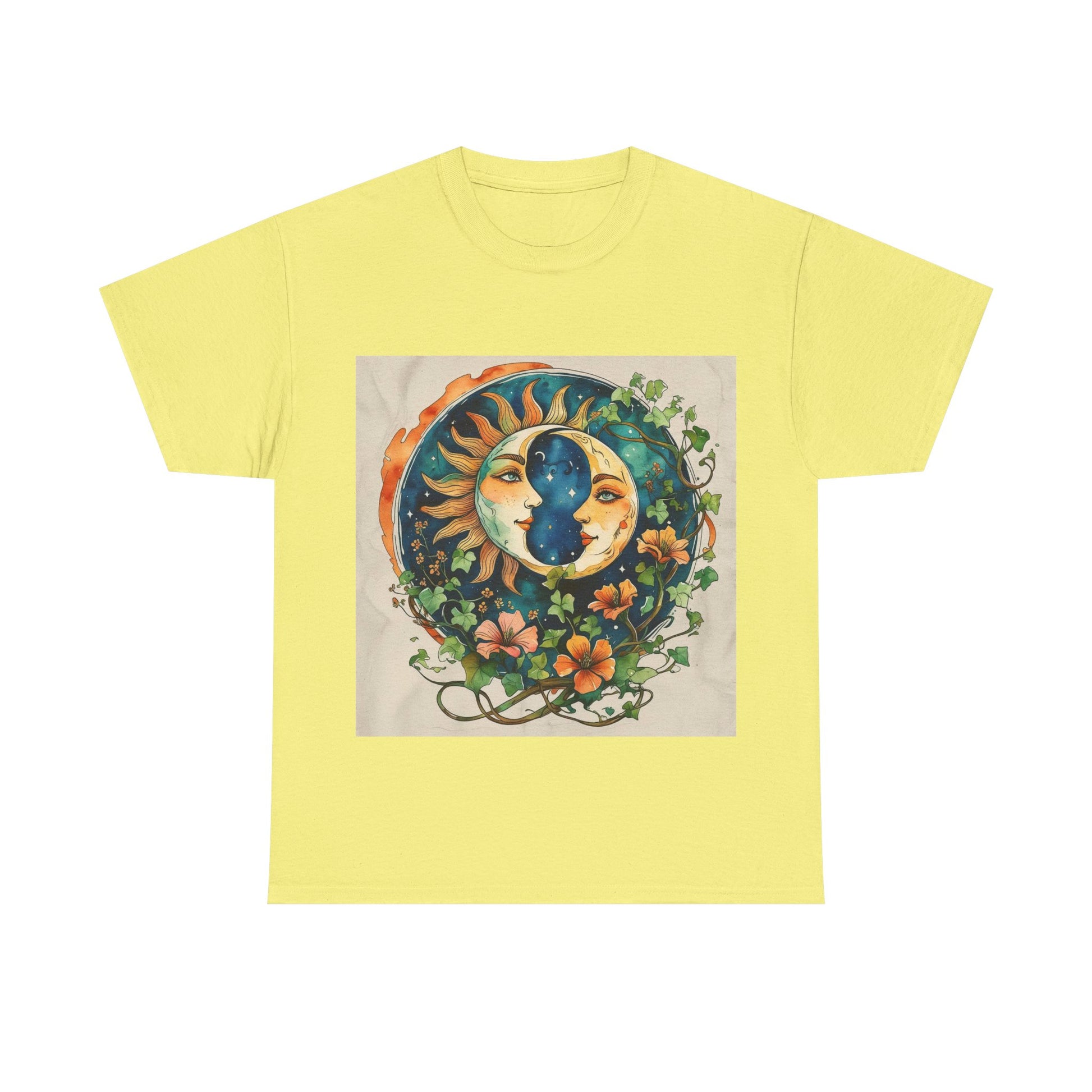 Bohemian Garden Tee - Sun and Moon Design, Spiritual Gift, Festival Wear, Unisex Cotton T-Shirt, Meditation Top, Nature Lover's Style