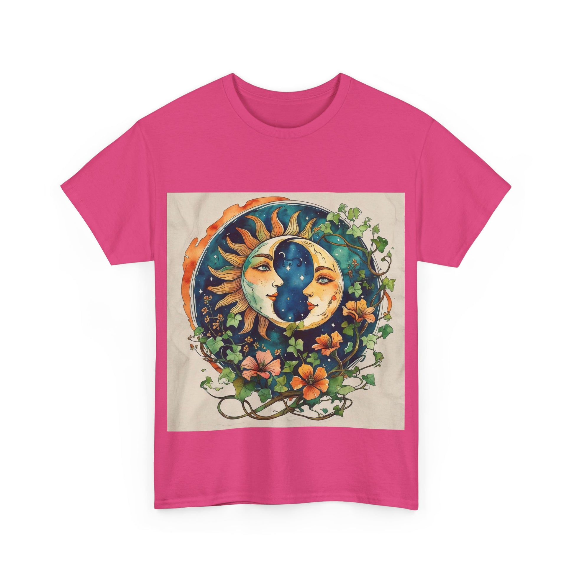 Bohemian Garden Tee - Sun and Moon Design, Spiritual Gift, Festival Wear, Unisex Cotton T-Shirt, Meditation Top, Nature Lover's Style