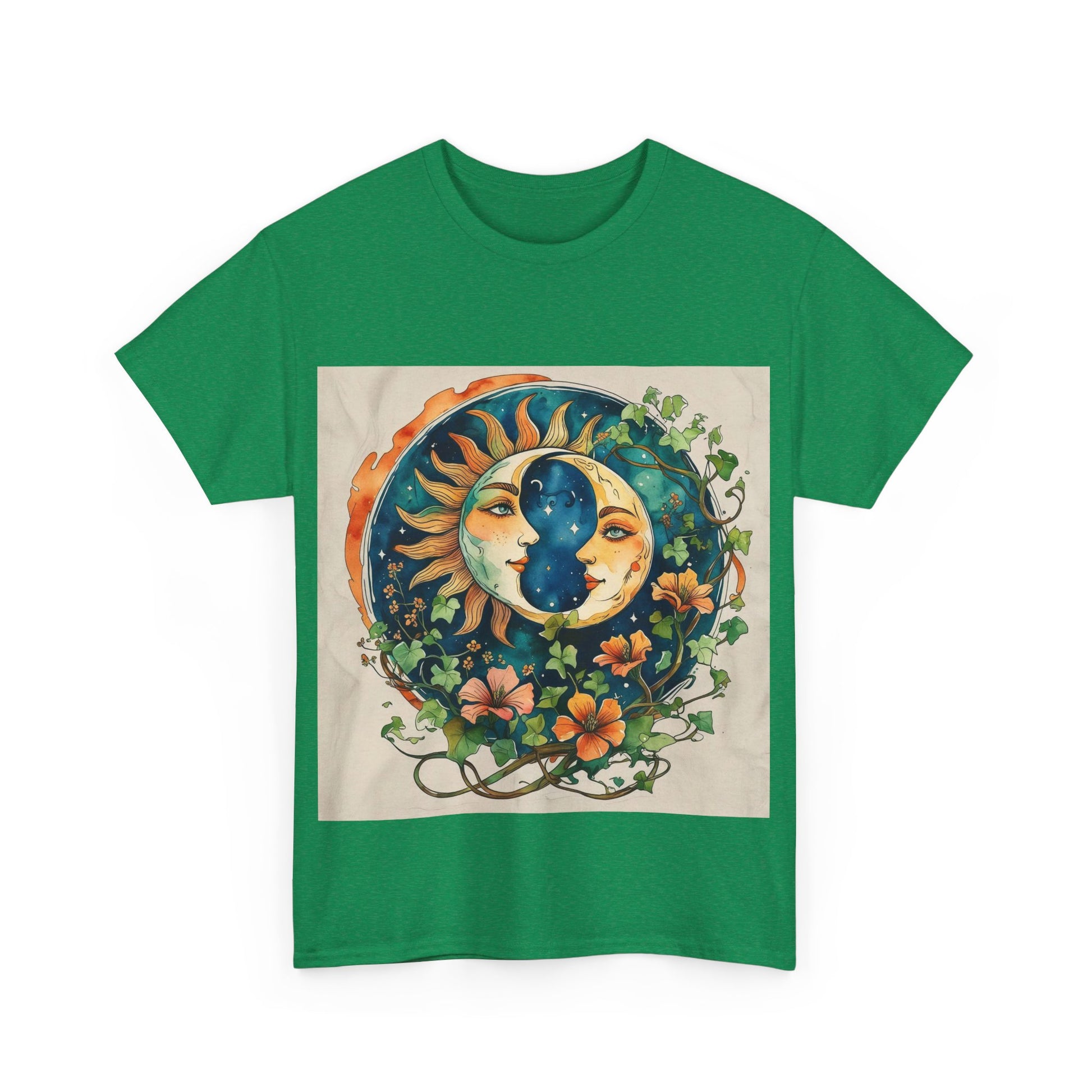 Bohemian Garden Tee - Sun and Moon Design, Spiritual Gift, Festival Wear, Unisex Cotton T-Shirt, Meditation Top, Nature Lover's Style