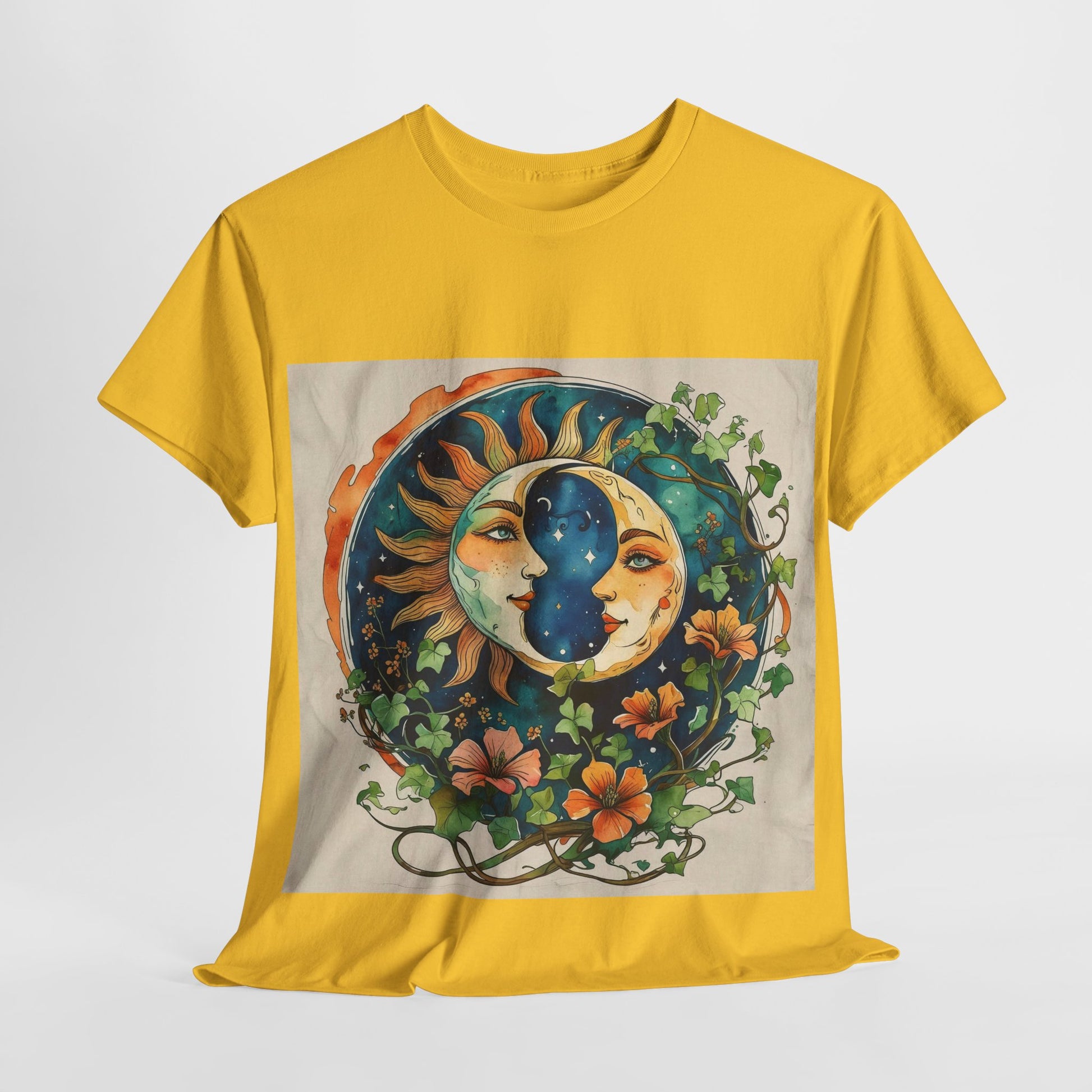 Bohemian Garden Tee - Sun and Moon Design, Spiritual Gift, Festival Wear, Unisex Cotton T-Shirt, Meditation Top, Nature Lover's Style