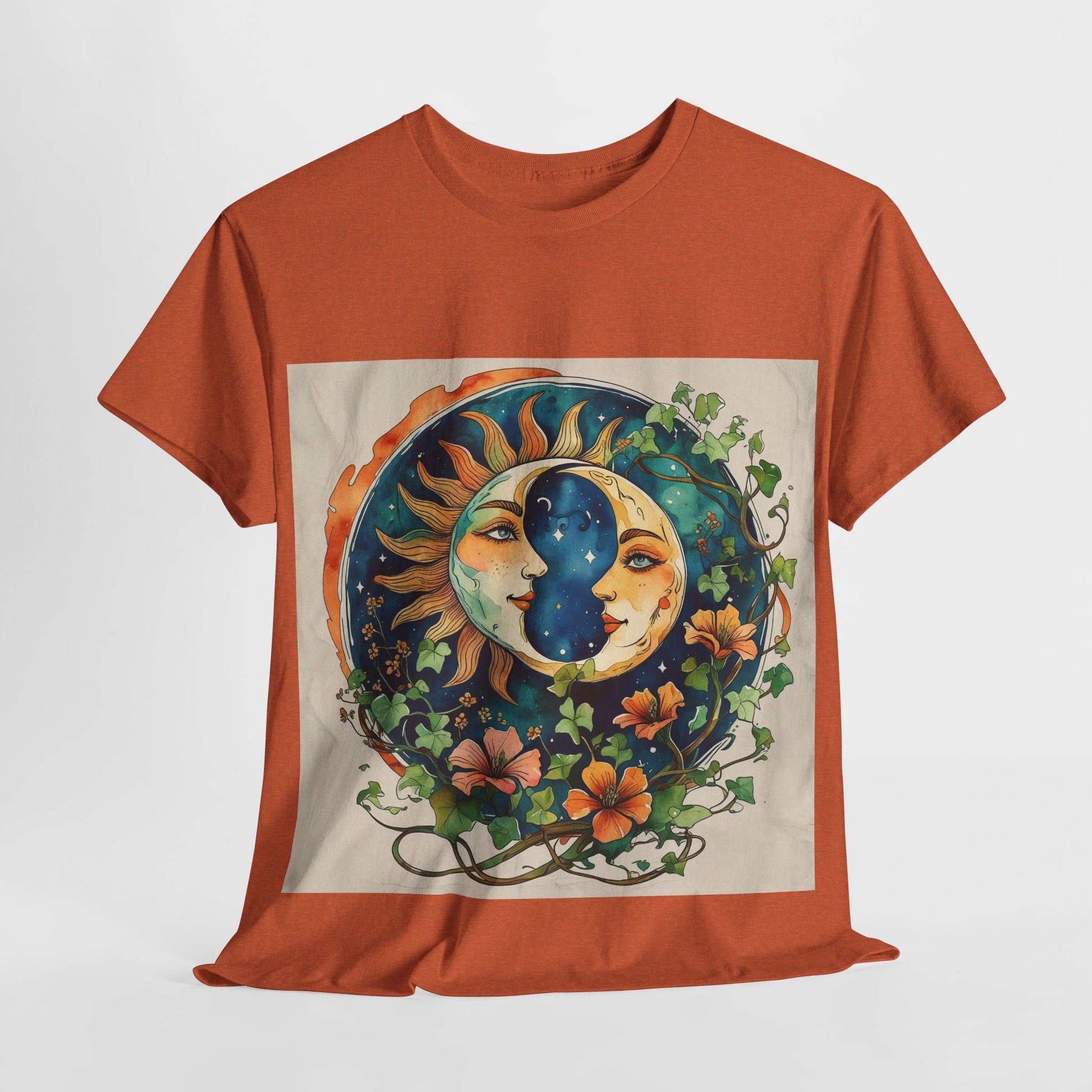 Bohemian Garden Tee - Sun and Moon Design, Spiritual Gift, Festival Wear, Unisex Cotton T-Shirt, Meditation Top, Nature Lover's Style