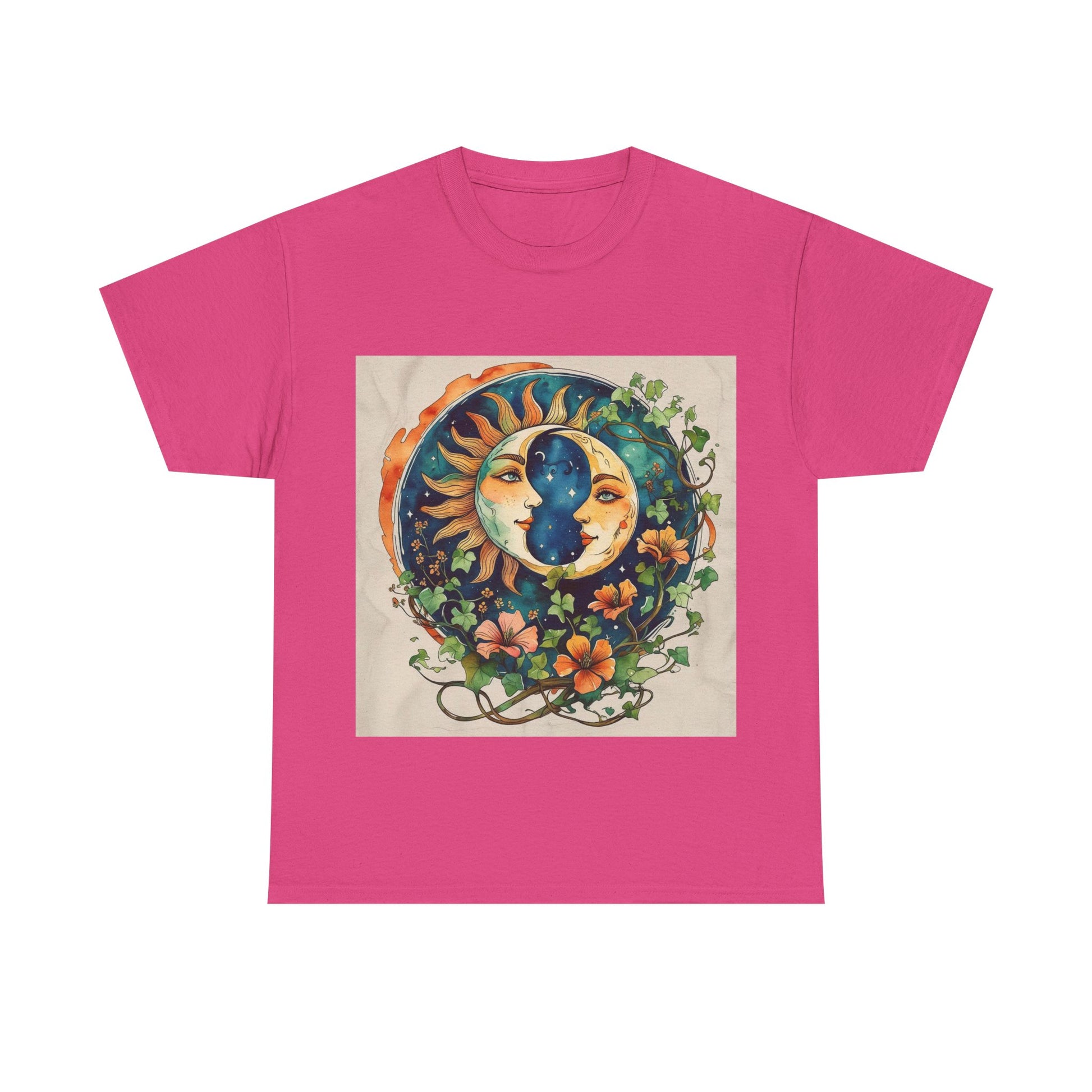 Bohemian Garden Tee - Sun and Moon Design, Spiritual Gift, Festival Wear, Unisex Cotton T-Shirt, Meditation Top, Nature Lover's Style