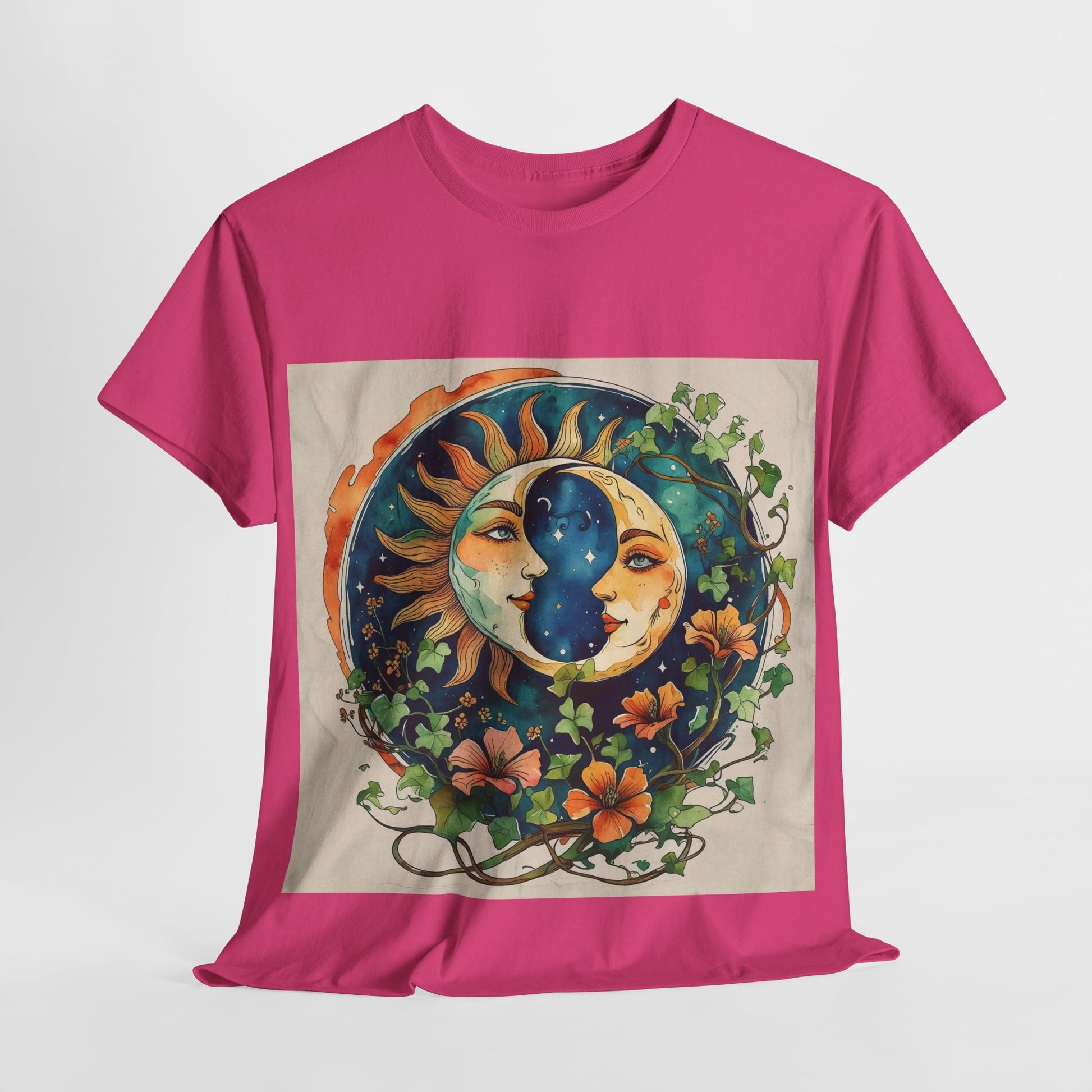Bohemian Garden Tee - Sun and Moon Design, Spiritual Gift, Festival Wear, Unisex Cotton T-Shirt, Meditation Top, Nature Lover's Style