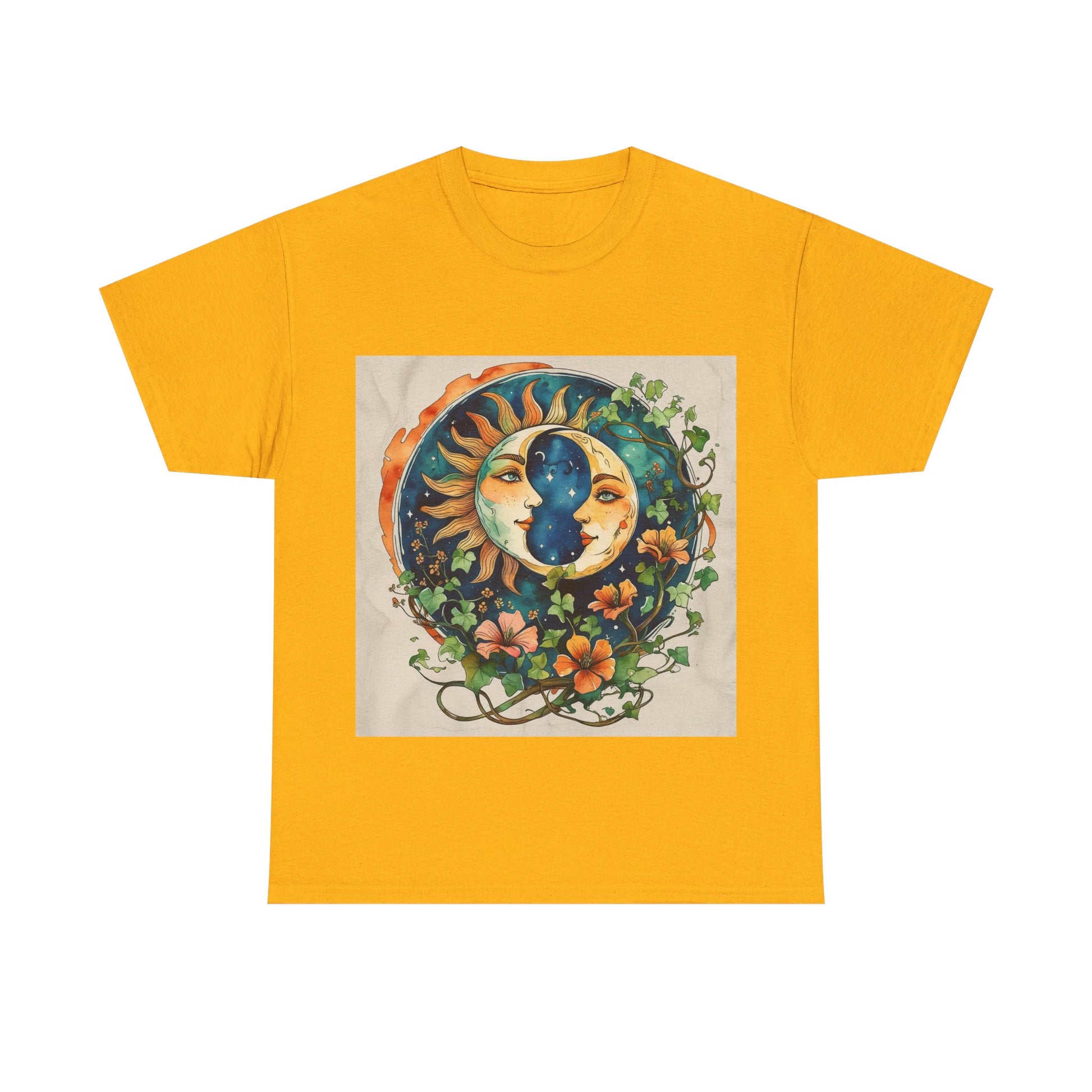 Bohemian Garden Tee - Sun and Moon Design, Spiritual Gift, Festival Wear, Unisex Cotton T-Shirt, Meditation Top, Nature Lover's Style
