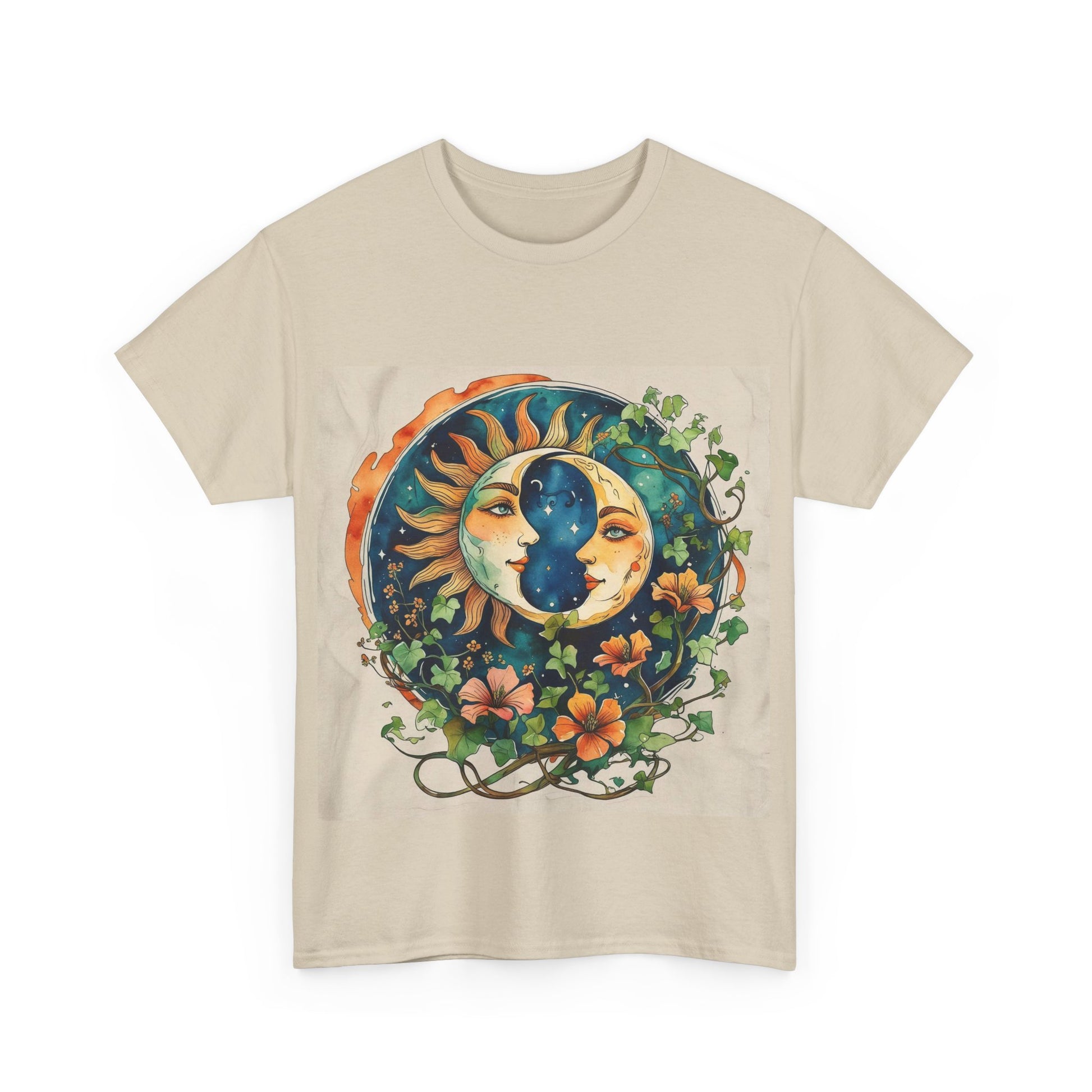 Bohemian Garden Tee - Sun and Moon Design, Spiritual Gift, Festival Wear, Unisex Cotton T-Shirt, Meditation Top, Nature Lover's Style
