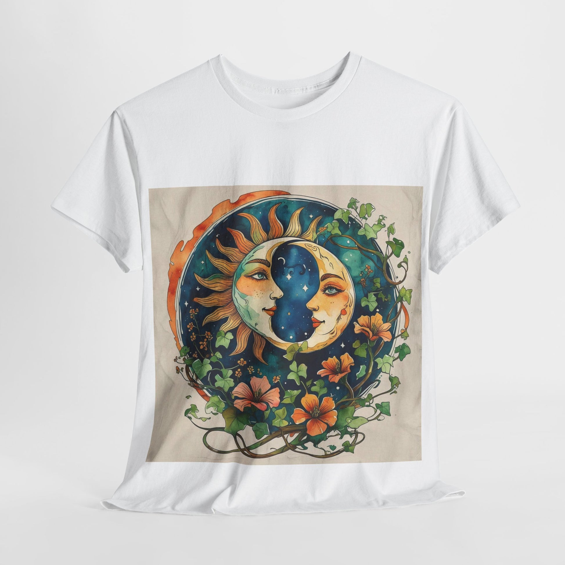 Bohemian Garden Tee - Sun and Moon Design, Spiritual Gift, Festival Wear, Unisex Cotton T-Shirt, Meditation Top, Nature Lover's Style
