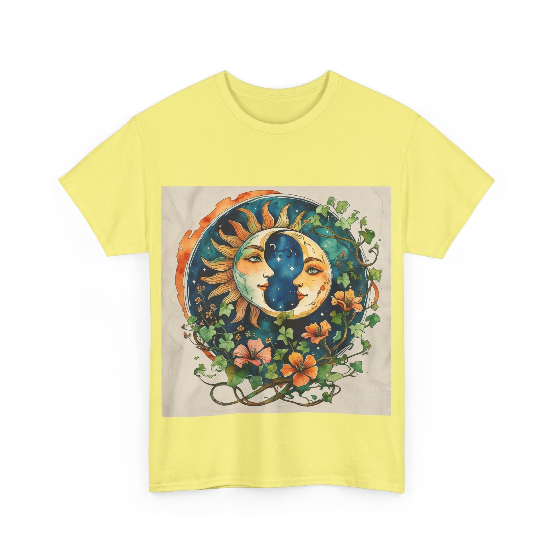 Bohemian Garden Tee - Sun and Moon Design, Spiritual Gift, Festival Wear, Unisex Cotton T-Shirt, Meditation Top, Nature Lover's Style