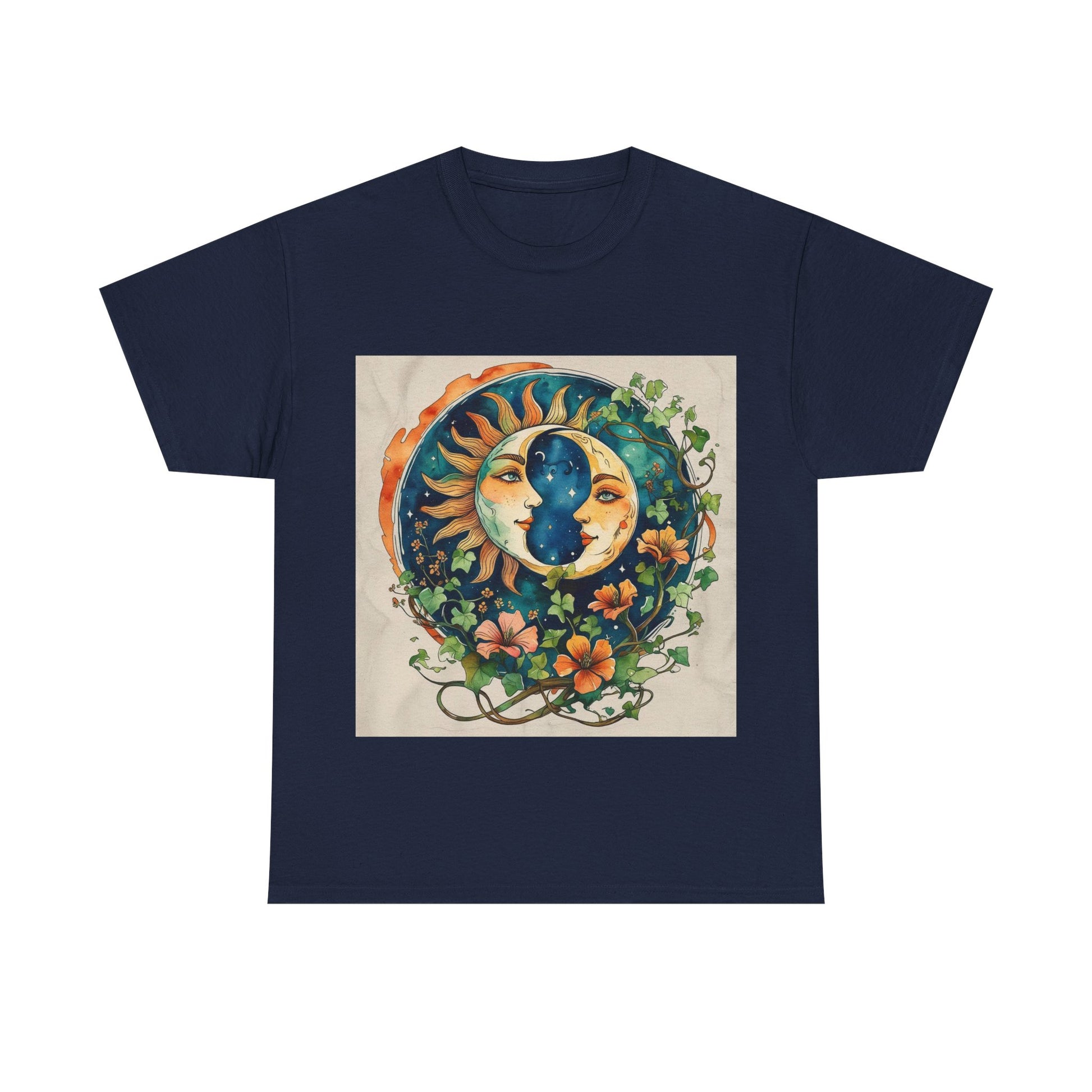 Bohemian Garden Tee - Sun and Moon Design, Spiritual Gift, Festival Wear, Unisex Cotton T-Shirt, Meditation Top, Nature Lover's Style