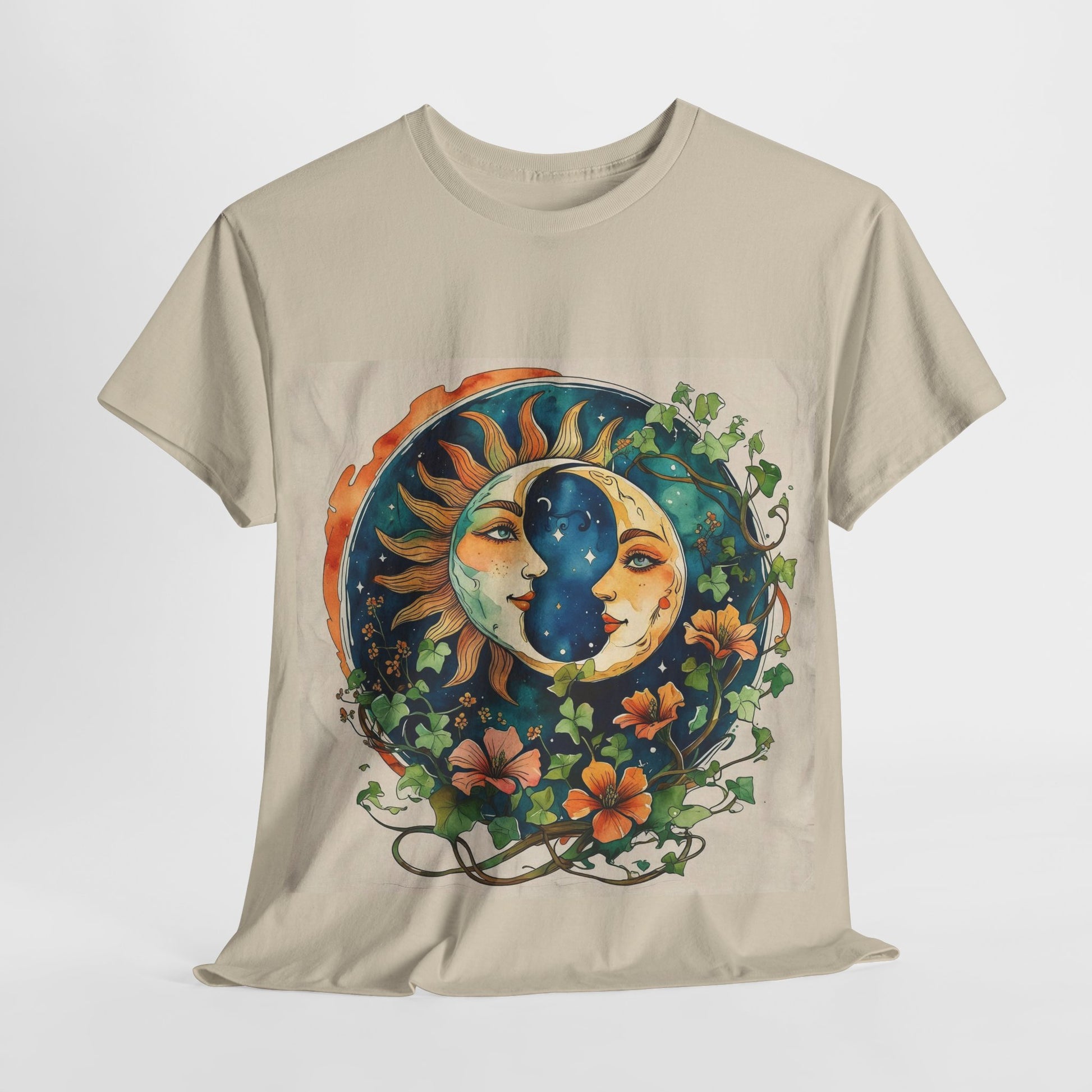 Bohemian Garden Tee - Sun and Moon Design, Spiritual Gift, Festival Wear, Unisex Cotton T-Shirt, Meditation Top, Nature Lover's Style