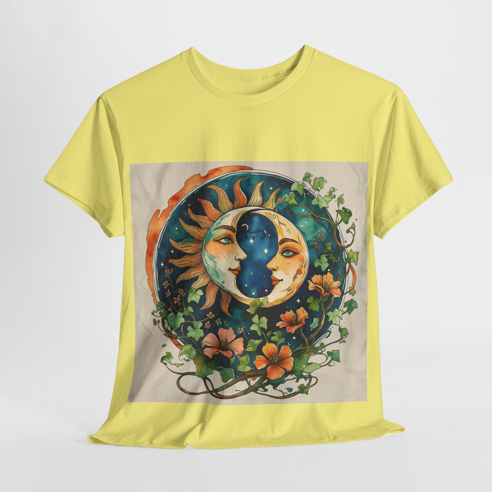 Bohemian Garden Tee - Sun and Moon Design, Spiritual Gift, Festival Wear, Unisex Cotton T-Shirt, Meditation Top, Nature Lover's Style