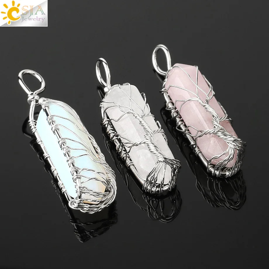 Natural Crystal Pendant Hexagonal Wire Wrapped Style