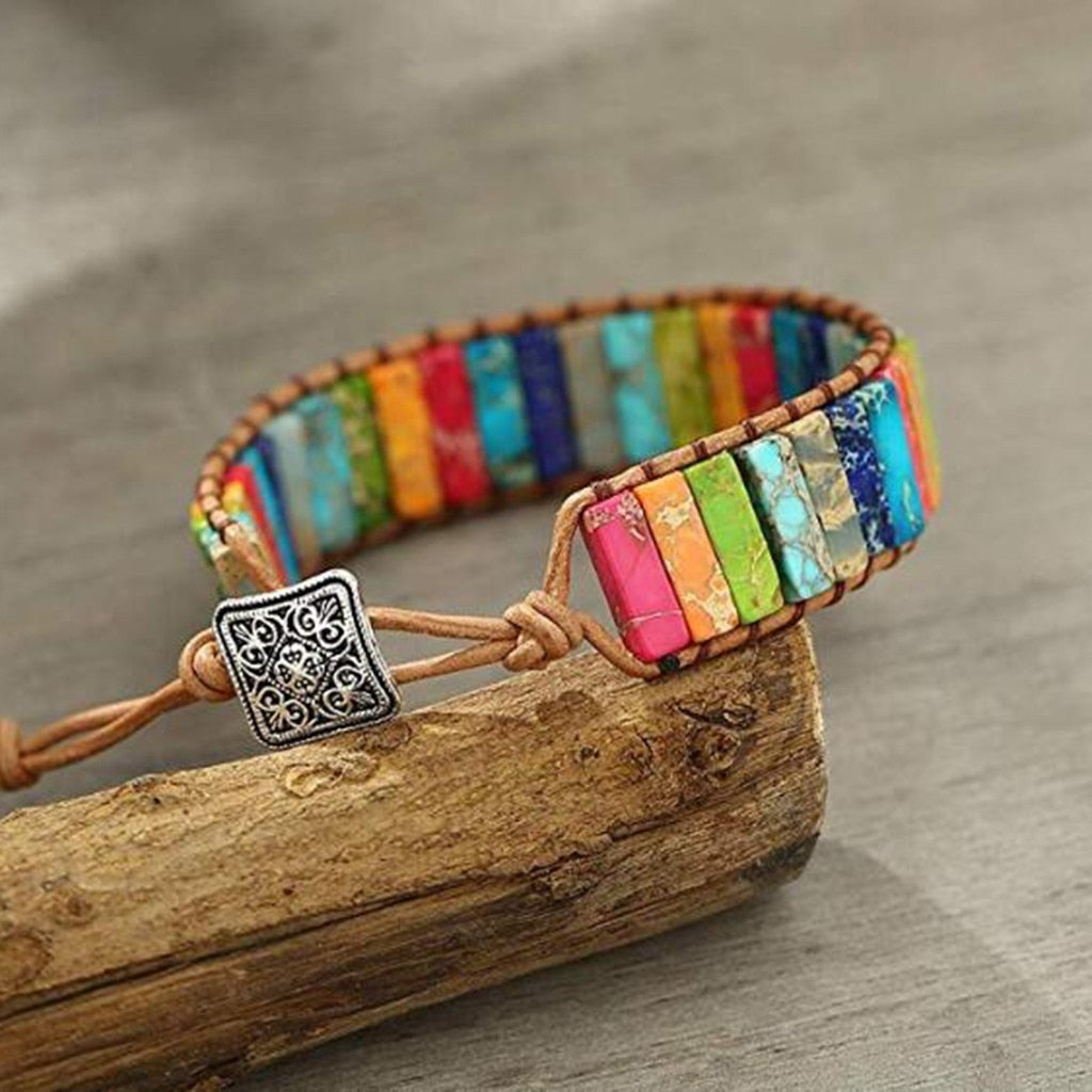 Leather Chakra Jasper Wrap - Adjustable Bead Bracelet