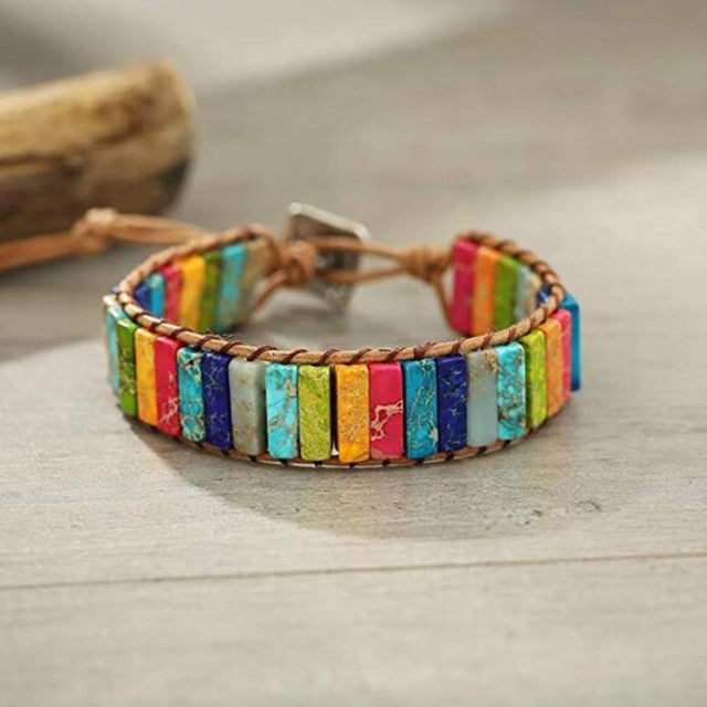 Leather Chakra Jasper Wrap - Adjustable Bead Bracelet