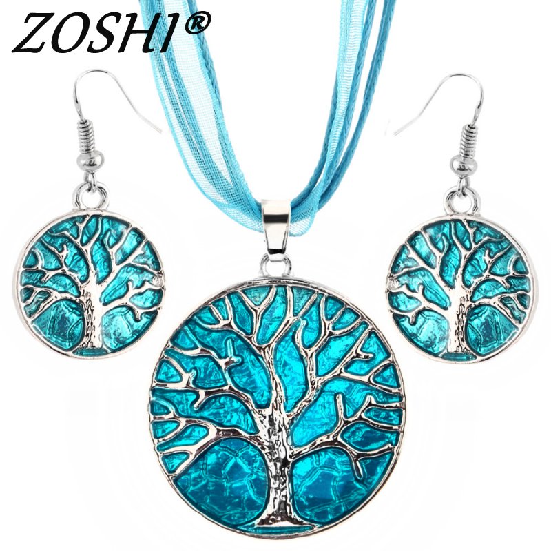 Vintage Round Life Tree Silver Pendant Necklace Earring Sets