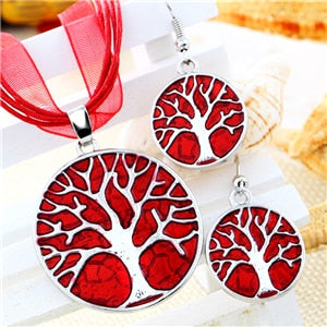 Vintage Round Life Tree Silver Pendant Necklace Earring Sets