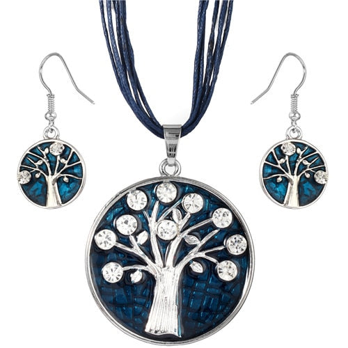 Vintage Round Life Tree Silver Pendant Necklace Earring Sets