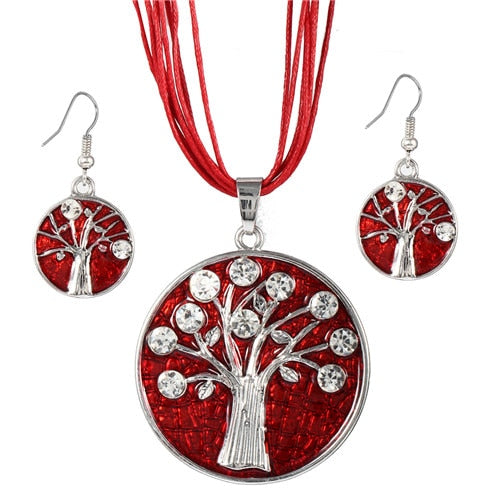 Vintage Round Life Tree Silver Pendant Necklace Earring Sets